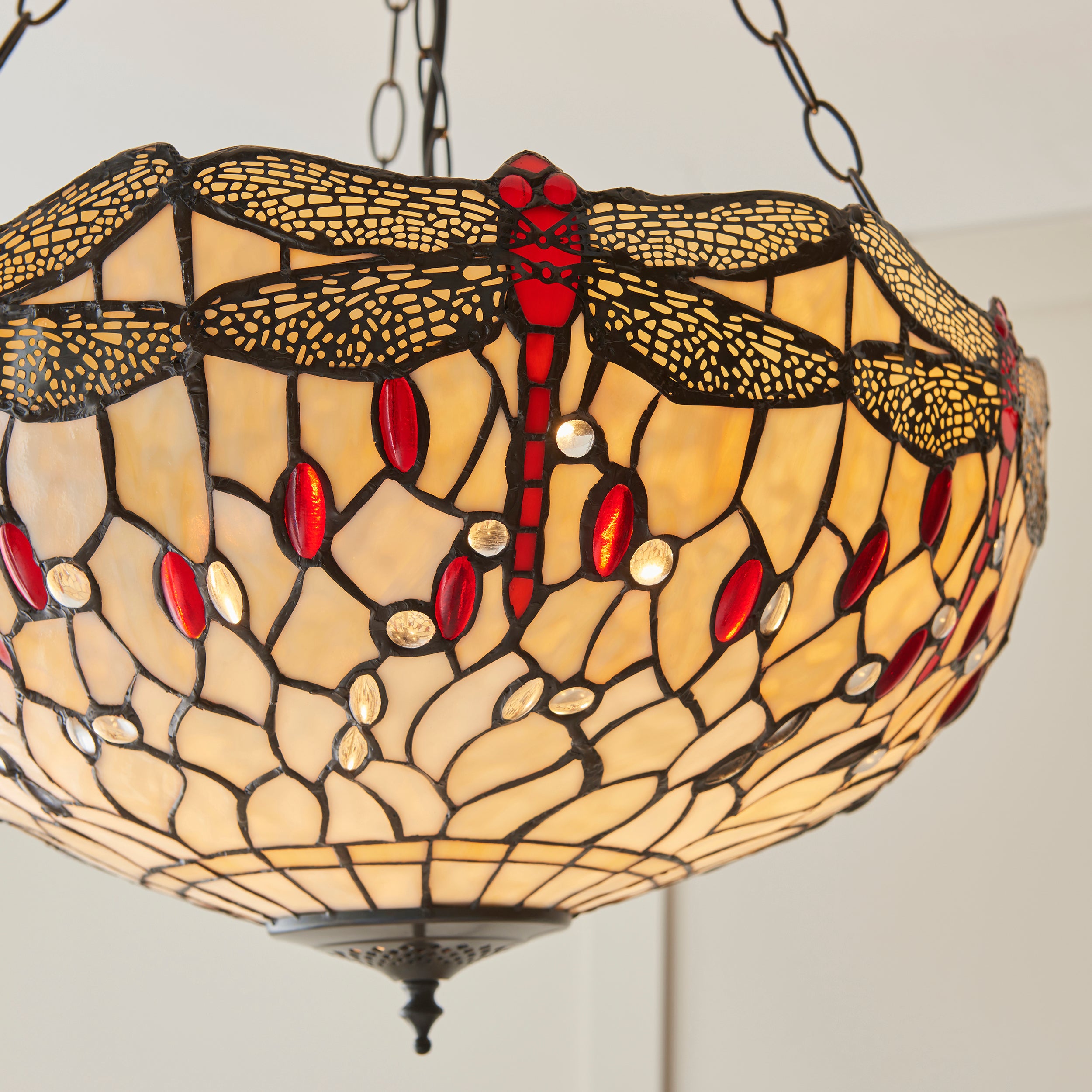 Interiors 1900 Dragonfly Beige Large Inverted 3 Light Pendant - Handcrafted Tiffany Style Glass