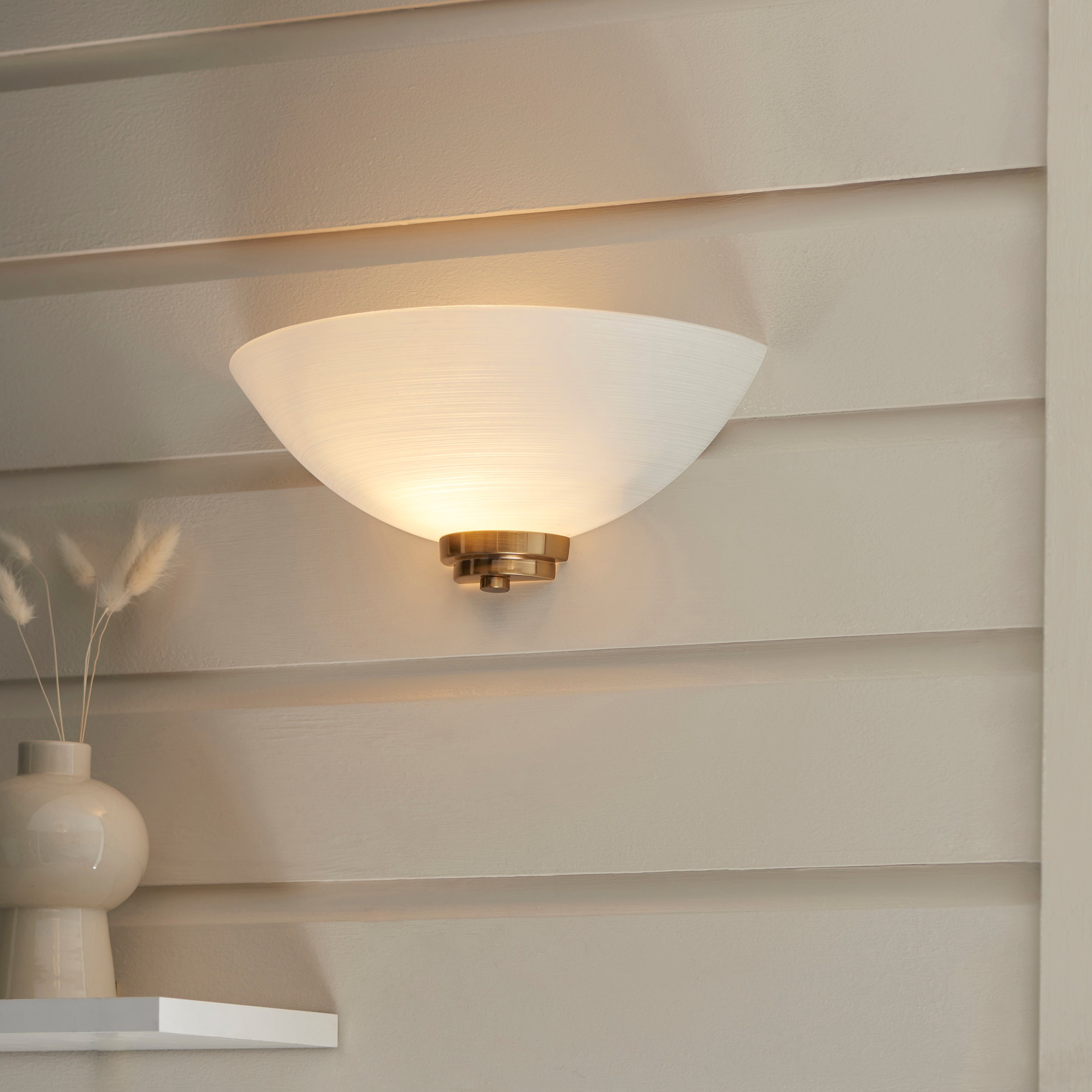 Endon Welles Single Light Wall - Brushed Aged Brass Plate & White Glass