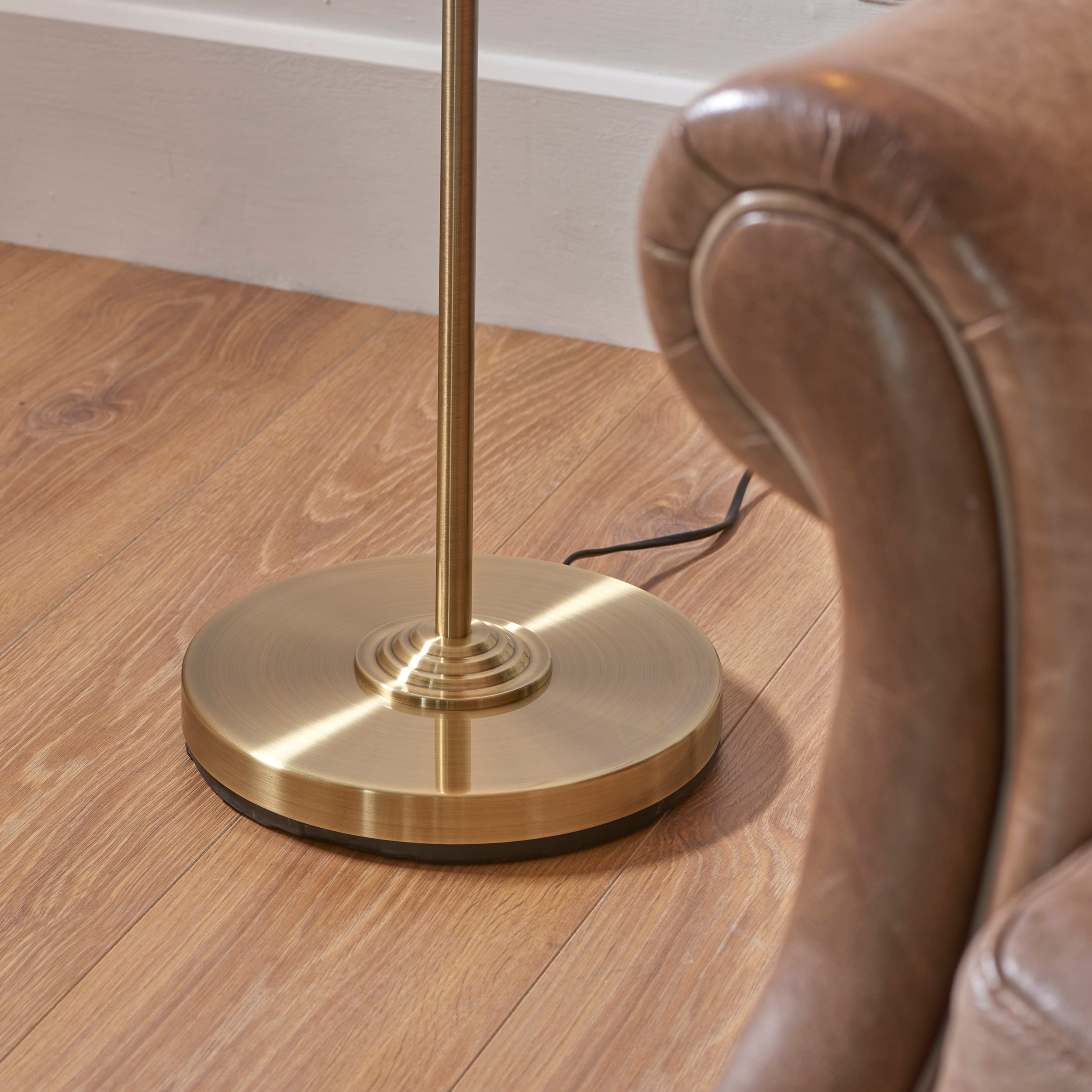 Endon Highclere Single Light Floor - Antique Brass Plate & Vintage White Fabric