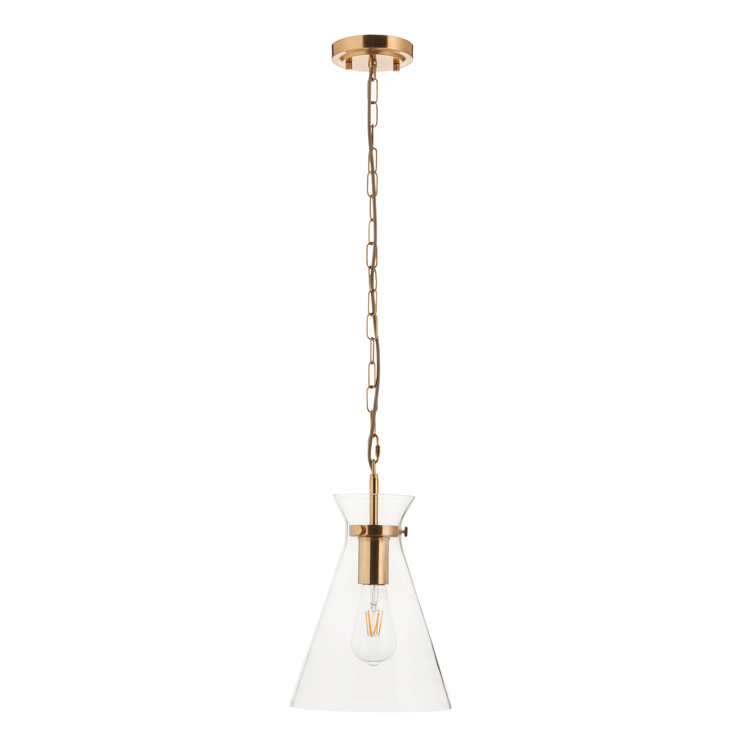 Endon Harlow Single Light Pendant - Brushed Aged Brass Plate & Clear Glass