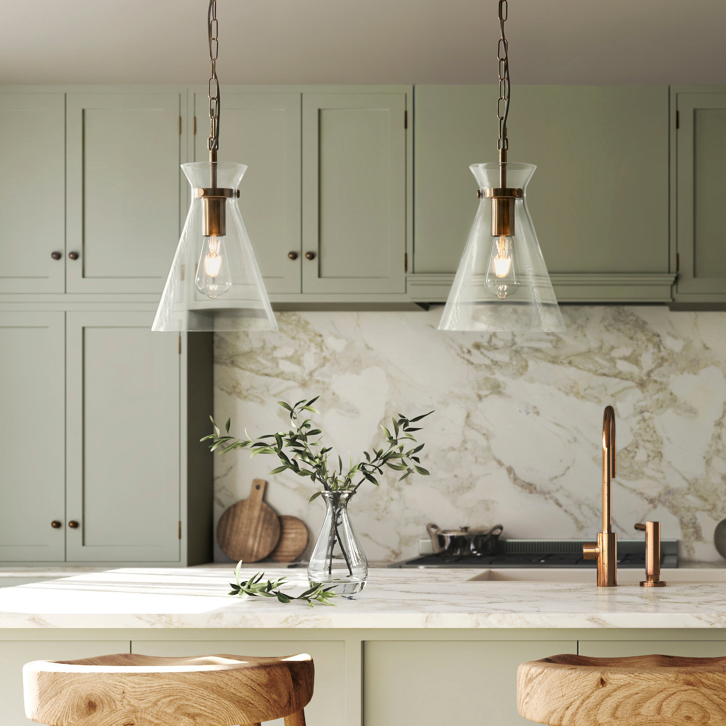 Endon Harlow Single Light Pendant - Brushed Aged Brass Plate & Clear Glass