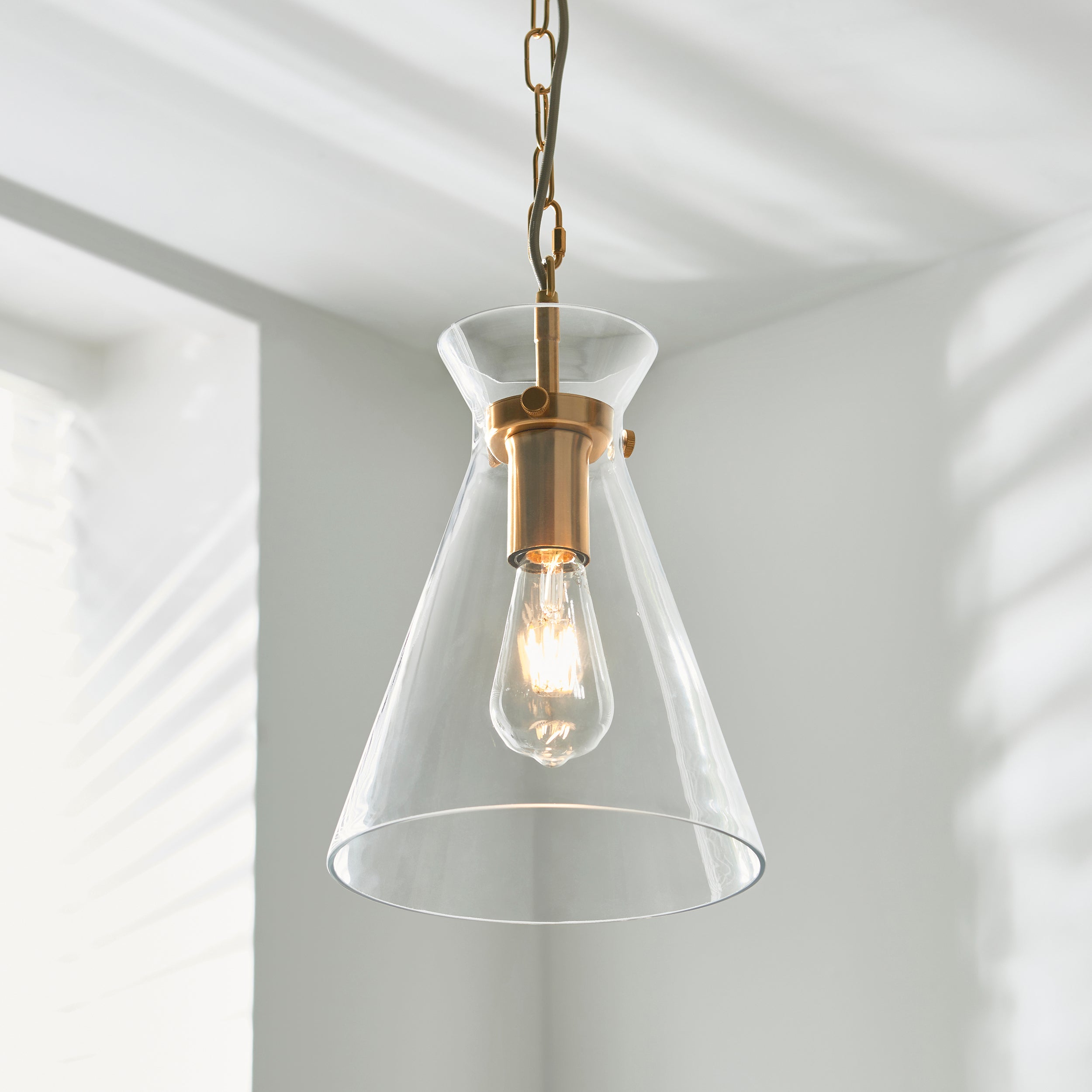 Endon Harlow Single Light Pendant - Brushed Aged Brass Plate & Clear Glass