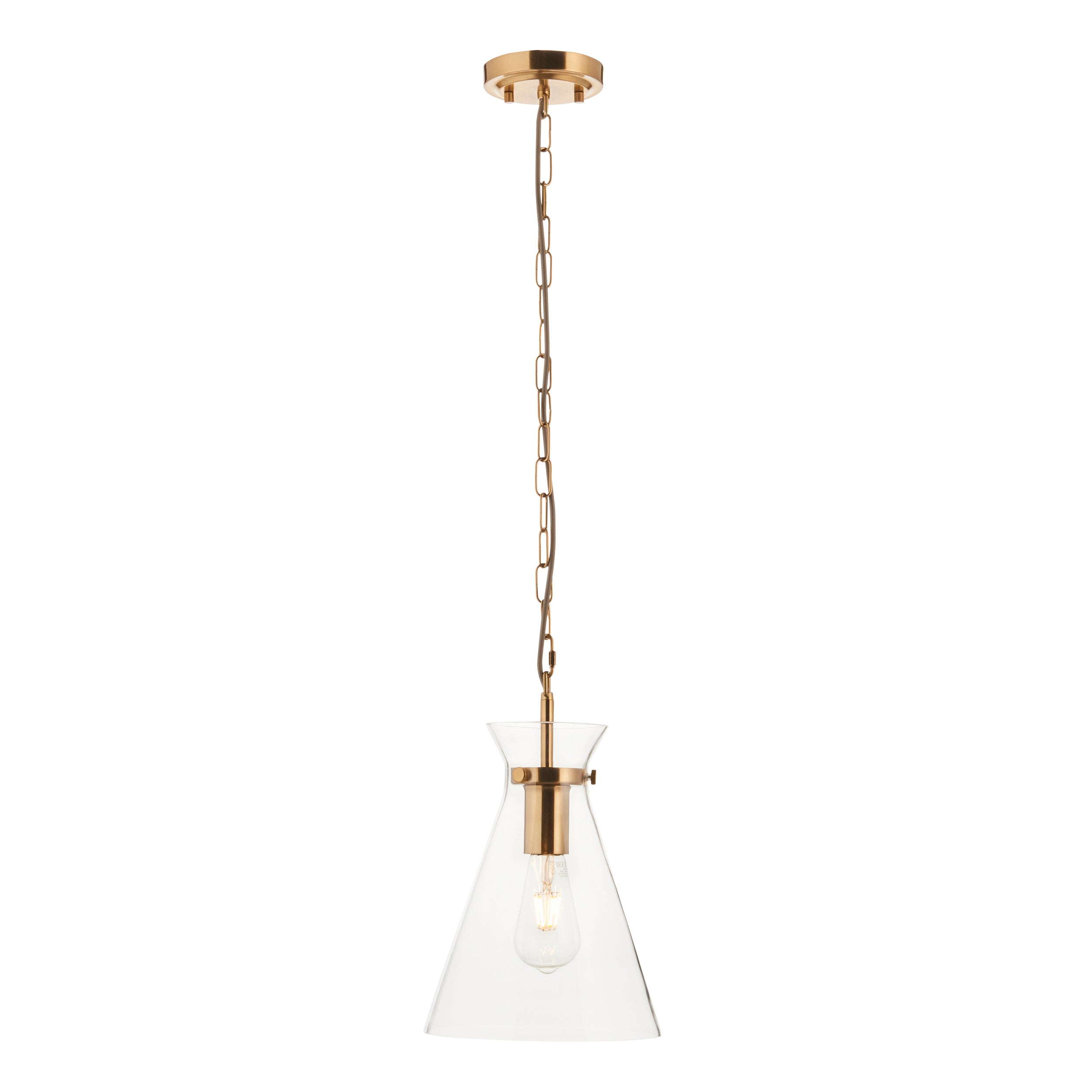 Endon Harlow Single Light Pendant - Brushed Aged Brass Plate & Clear Glass