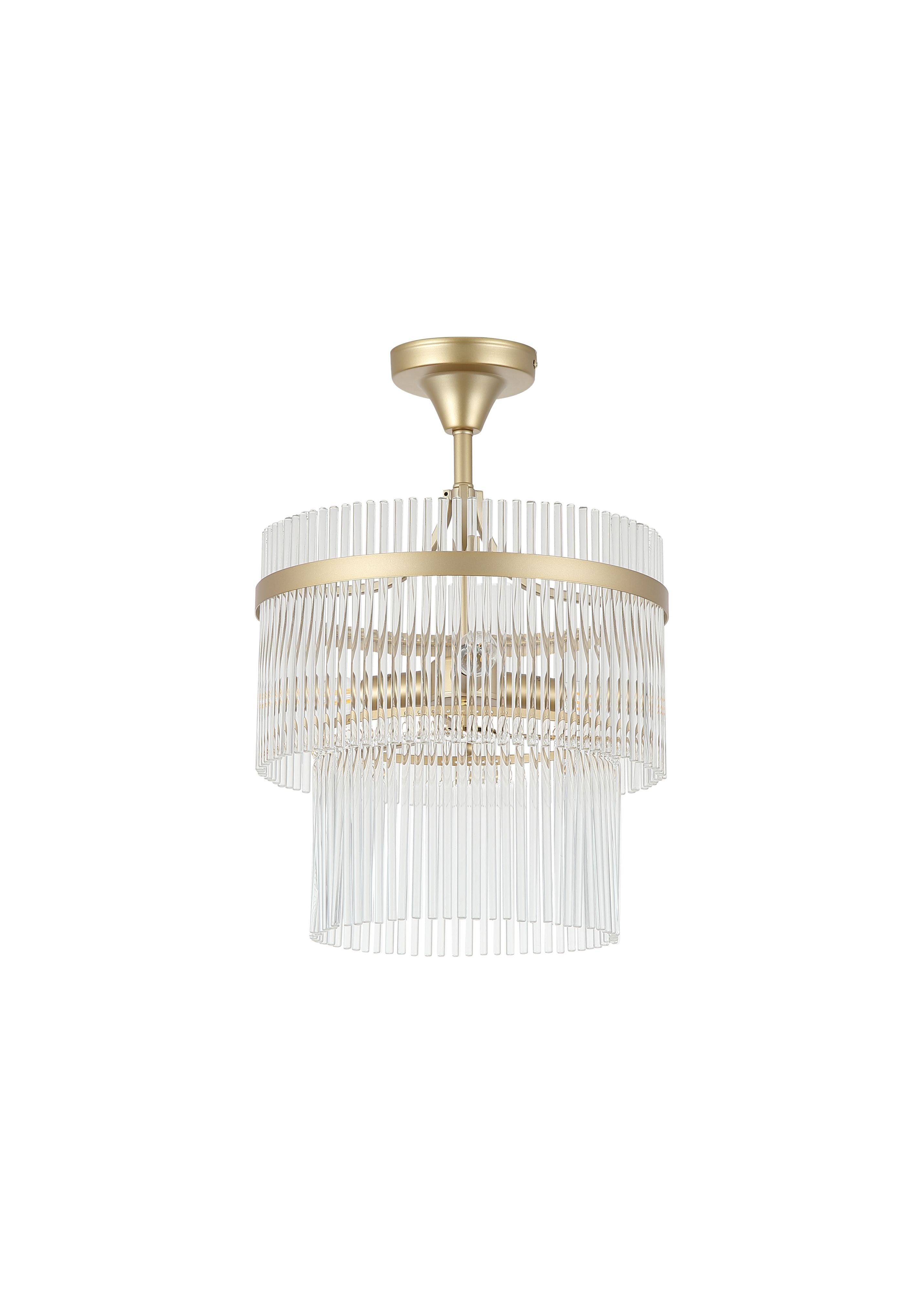 Searchlight Lara 3 light semi flush in gold metal and clear glass rods, angled studio view showing the short ceiling stem and cascading rod tiers