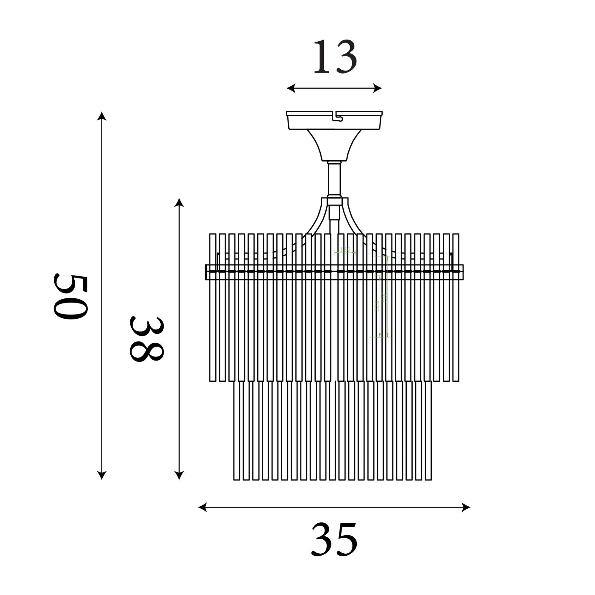 Technical drawing of the Searchlight Lara 3 light semi flush showing 38cm shade height, 35cm width and a 13cm ceiling stem
