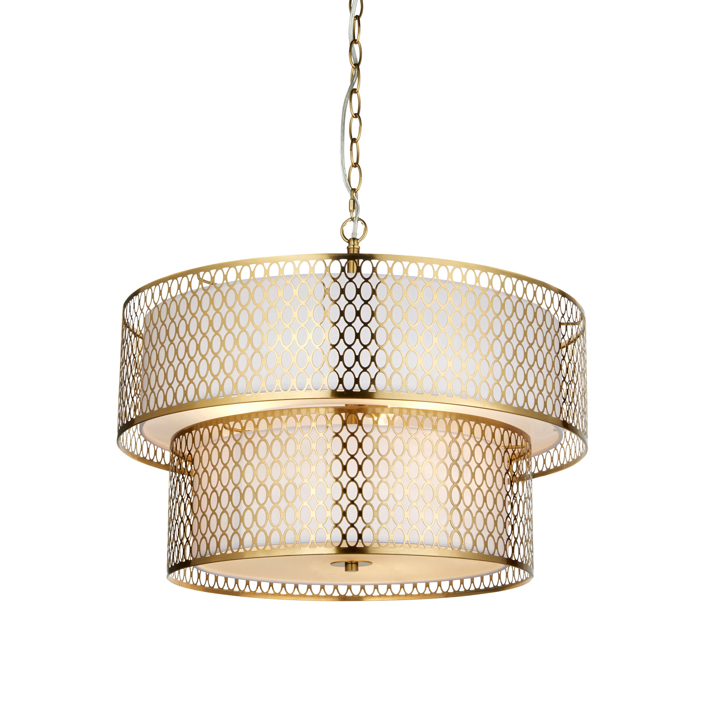Endon Cordero 6 Light Tiered Pendant - Gold Effect Plate, White Fabric & Frosted Glass
