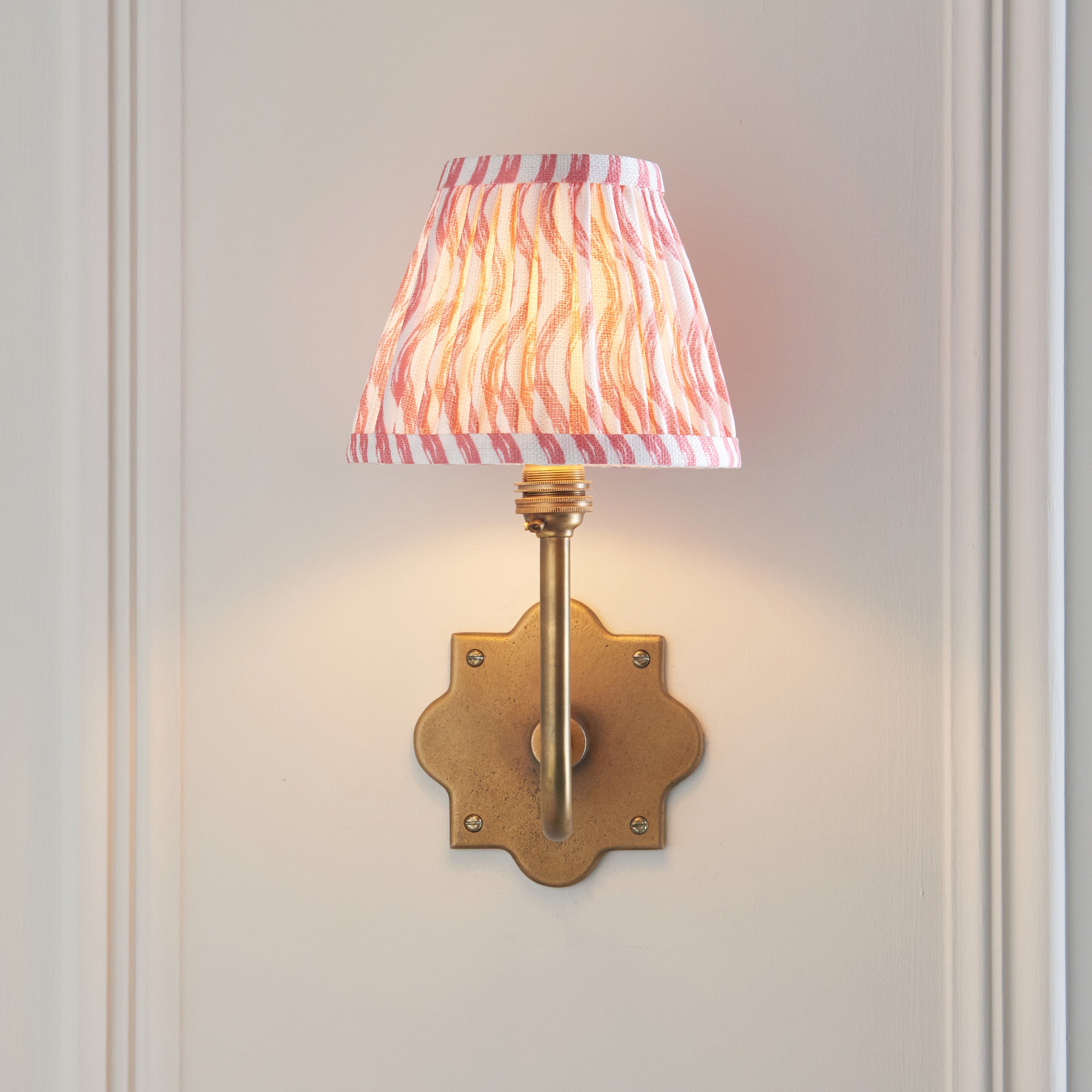 Endon Anvil Swan & Ripple 16Cm Wall Light - Antique Brass & Coral Pink Fabric