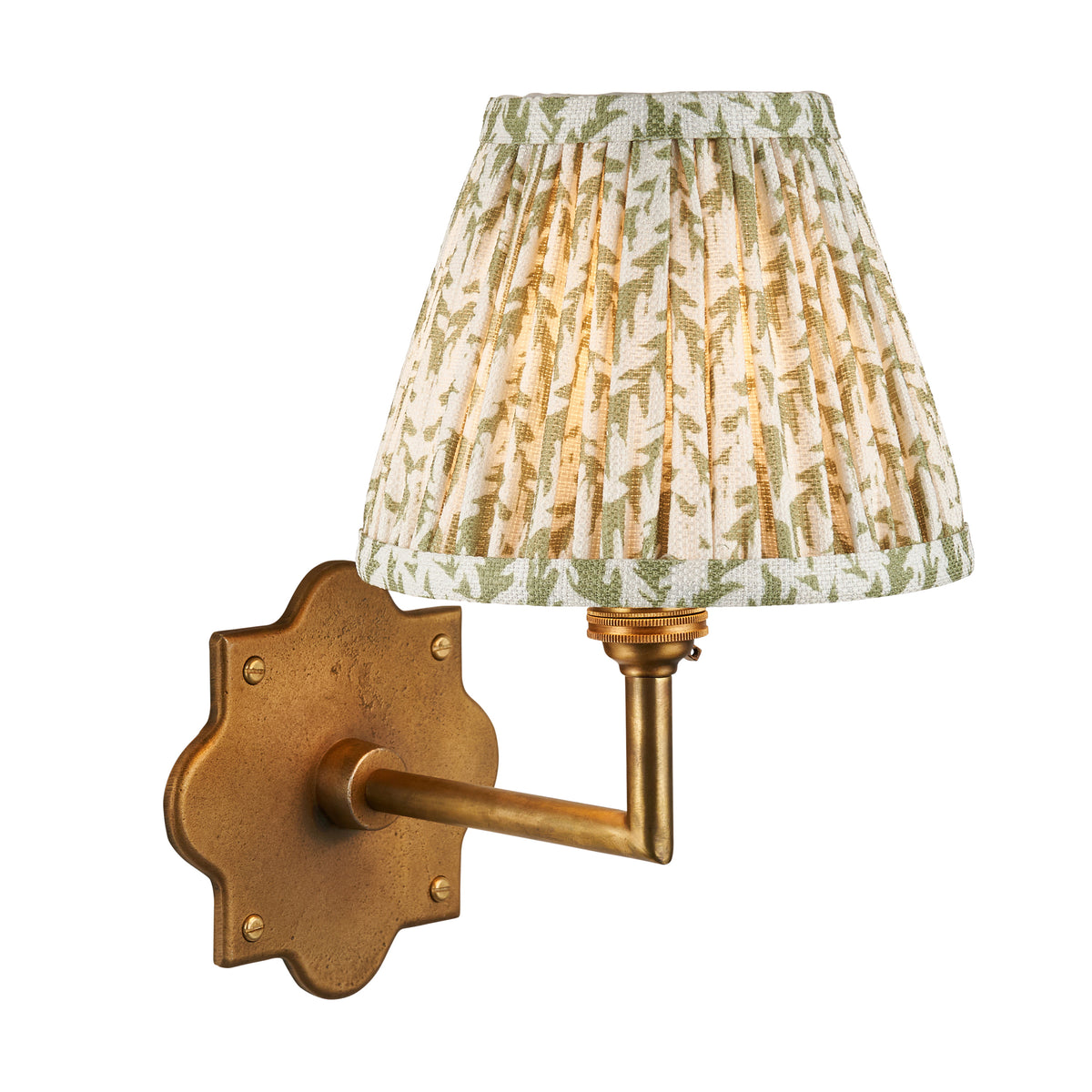Endon Anvil Angle Wall Light - Antique Brass & Leaf 16cm Herb Garden Green Fabric Shade