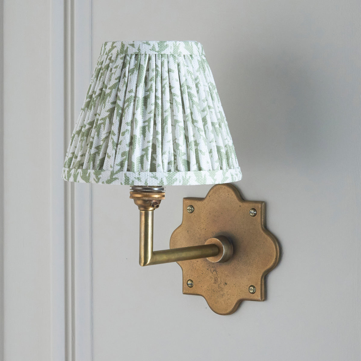 Endon Anvil Angle Wall Light - Antique Brass & Leaf 16cm Herb Garden Green Fabric Shade - detail image 5