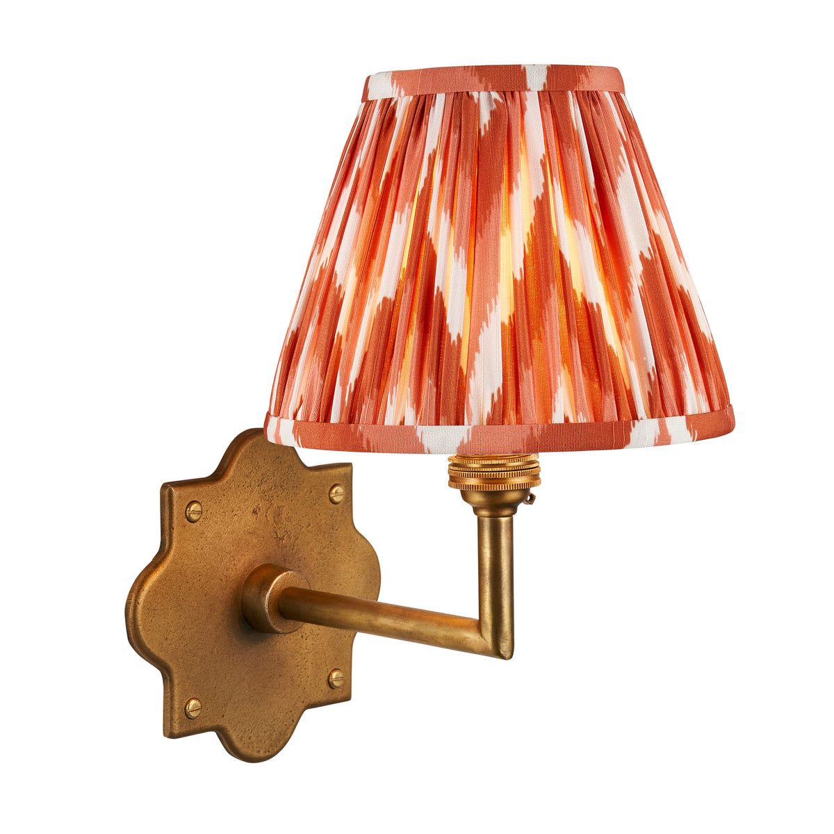 Endon Anvil Angle Wall Light - Antique Brass & Zigzag 16cm Apricot Orange Fabric Shade