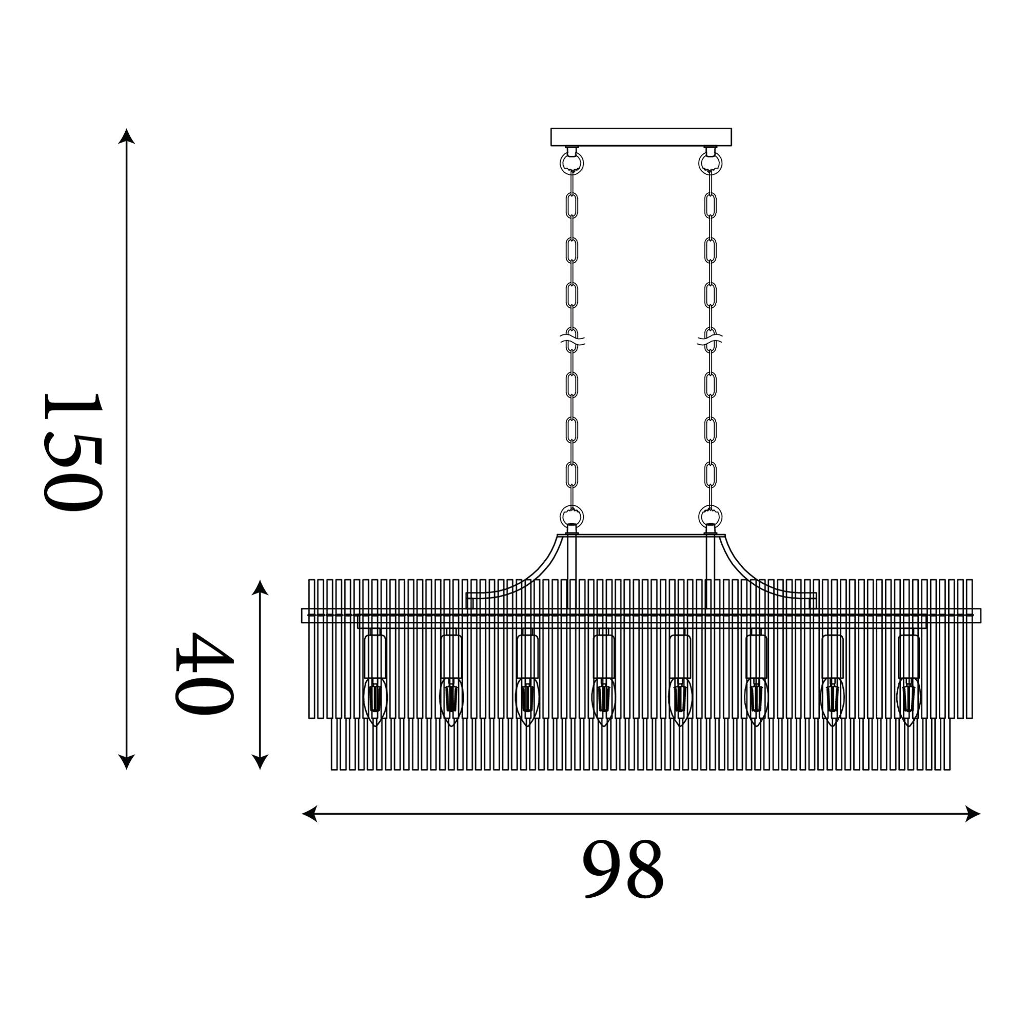 Technical drawing of the Searchlight Lara 8 light oval pendant showing a 98cm length, 40cm shade height and a maximum drop of 150cm