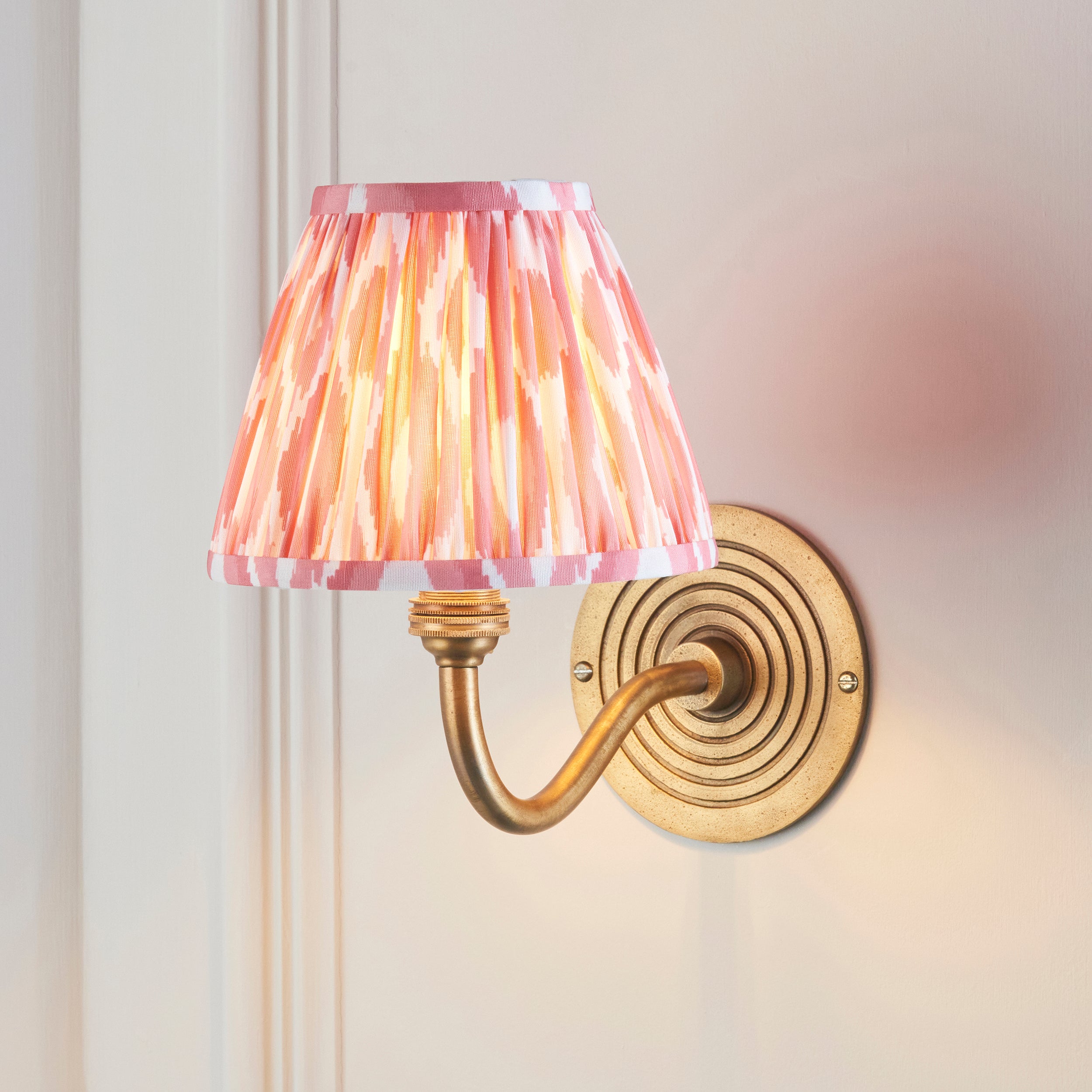 Endon Ripple Curve & Ikat 16Cm Wall Light - Antique Brass & Coral Pink Fabric