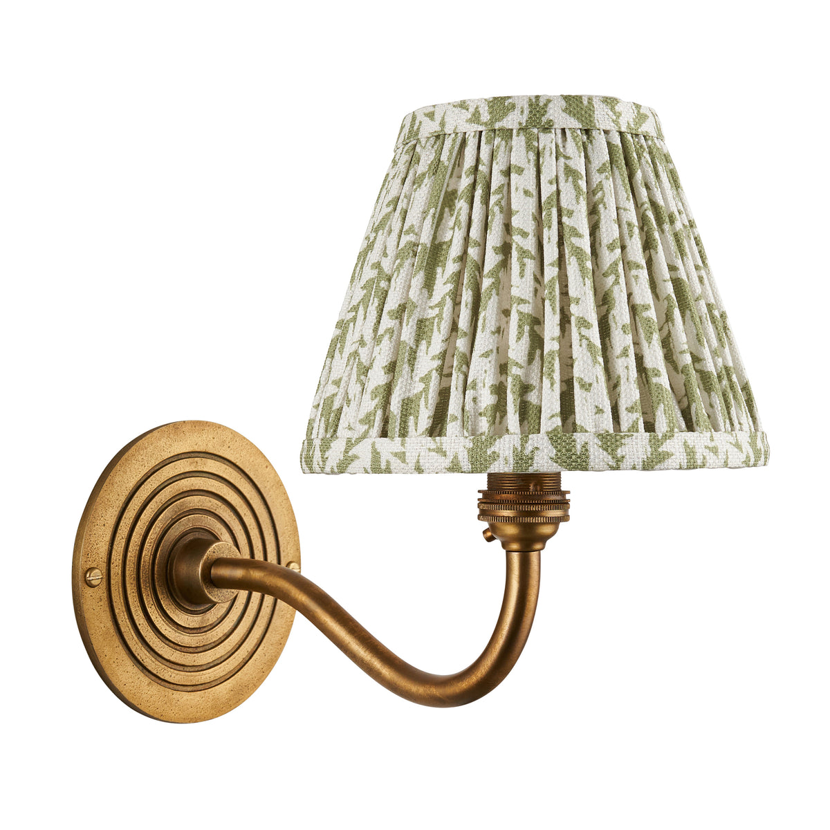 Endon Ripple Curve wall light in antique brass with green leaf pleated shade, second cut out on white showing the full curved arm and ringed backplate