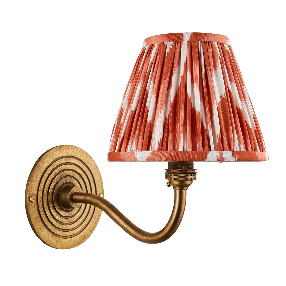 Endon Ripple Curve antique brass wall light with apricot orange zigzag shade, unlit product shot cut out on white