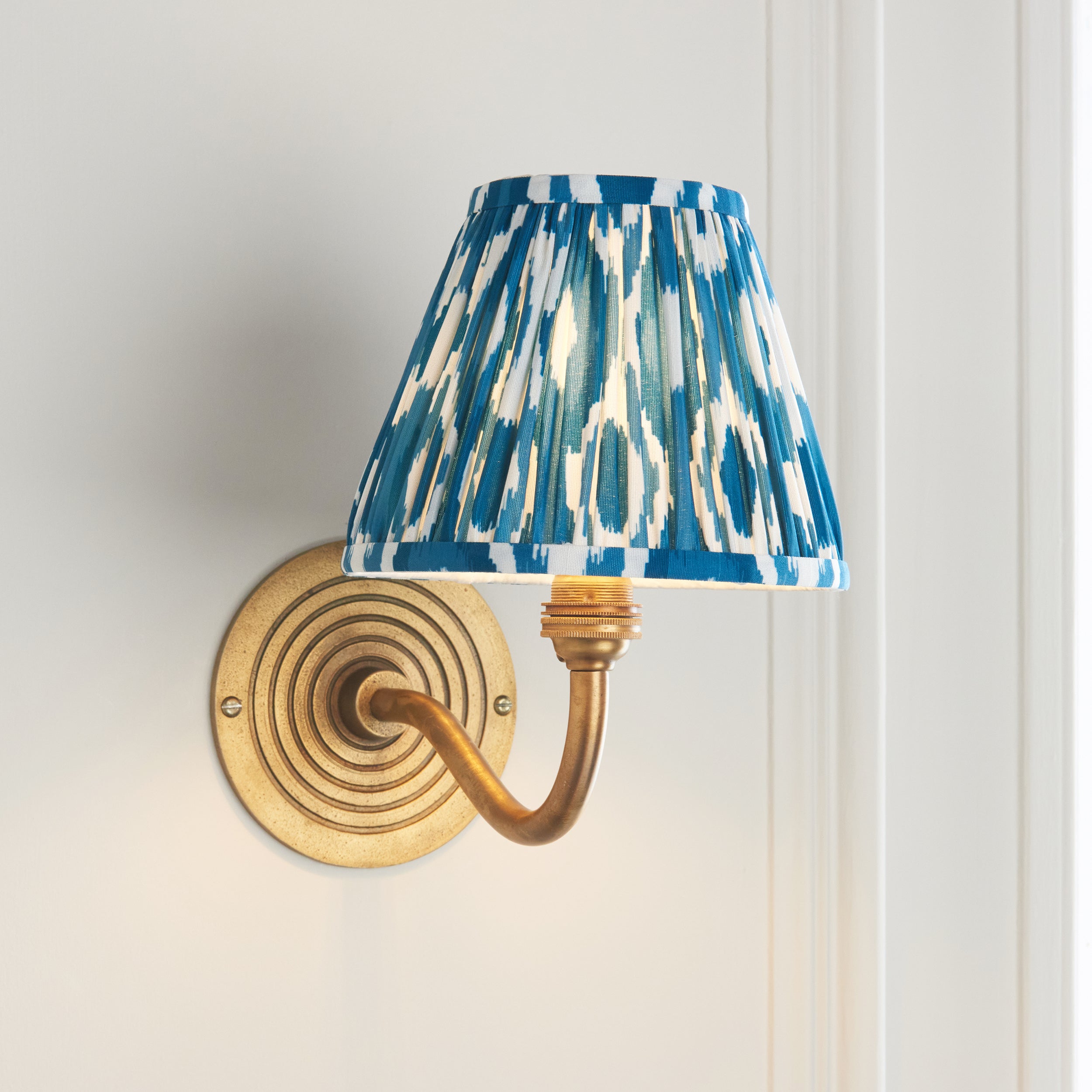 Endon Ripple Curve & Ikat 16Cm Wall Light - Antique Brass & Marlin Blue Fabric
