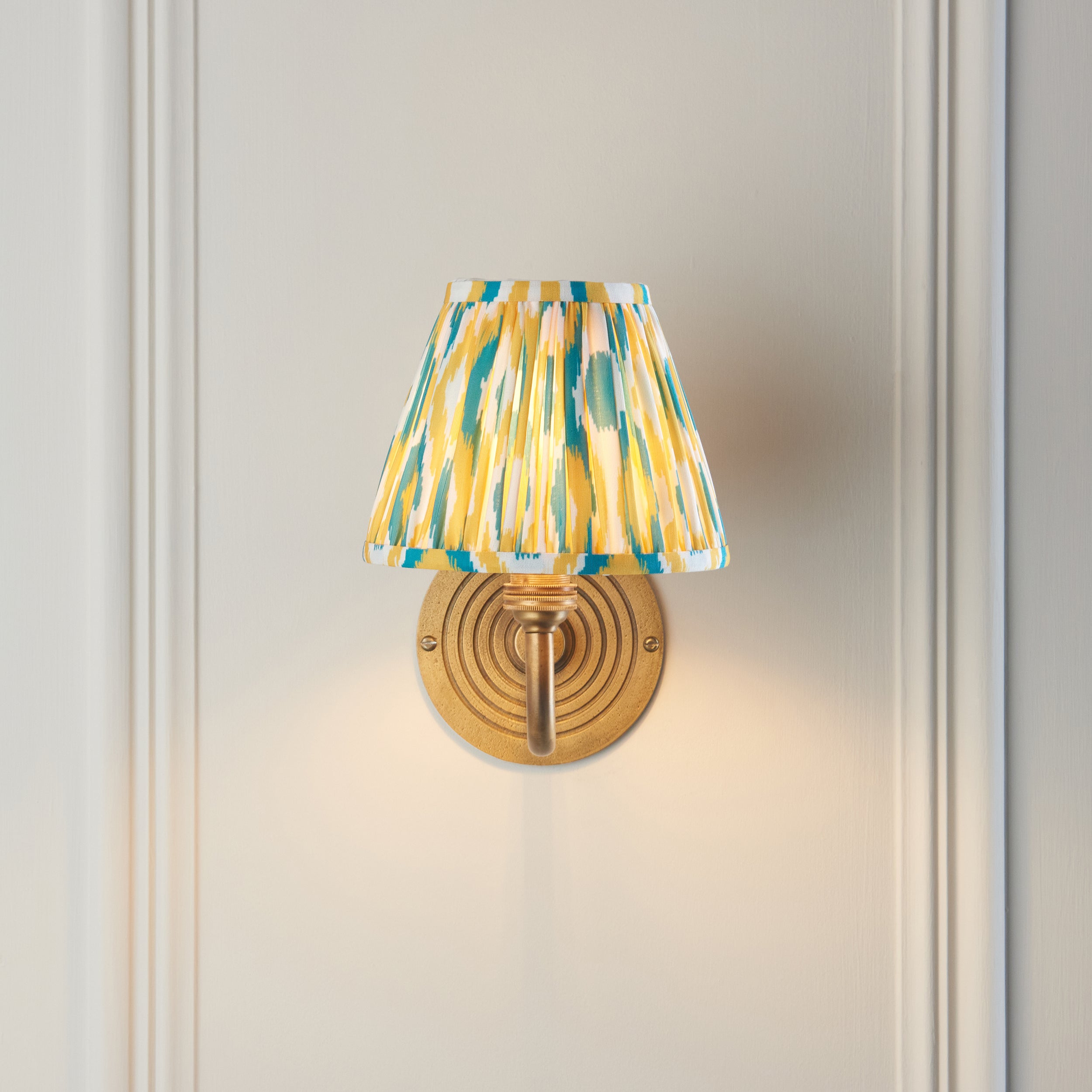 Endon Ripple Curve & Ikat 16Cm Wall Light - Antique Brass With Yellow & Jade Fabric