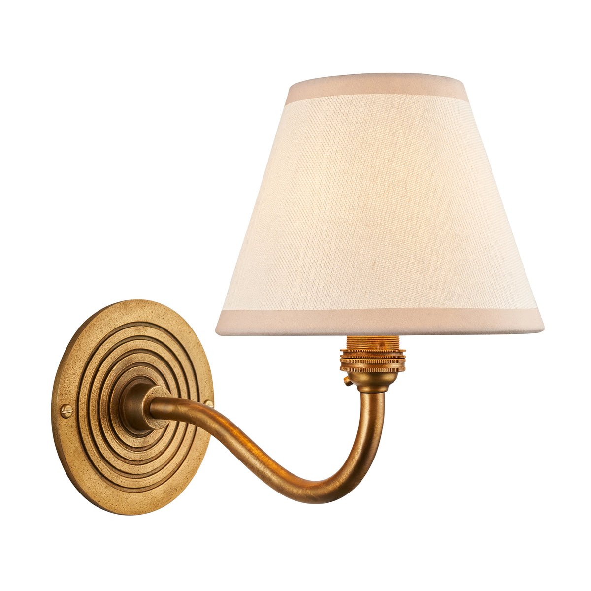 Endon Ripple Curve wall light in antique brass with 16cm vintage white fabric shade, unlit cut out on white