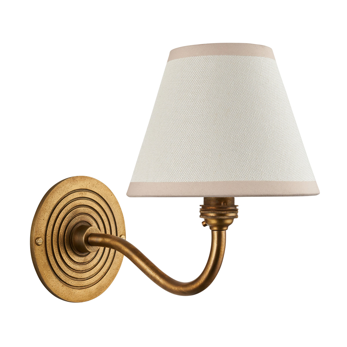 Endon Ripple Curve antique brass wall light with vintage white tapered shade, unlit product shot on a white background