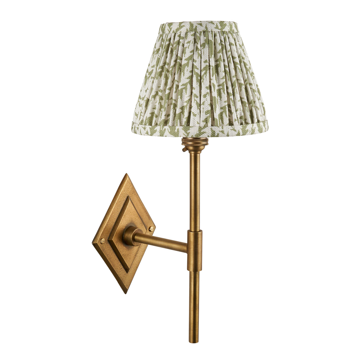 Endon Diamond Tall antique brass wall light with green leaf print shade, switched off, cut out on white