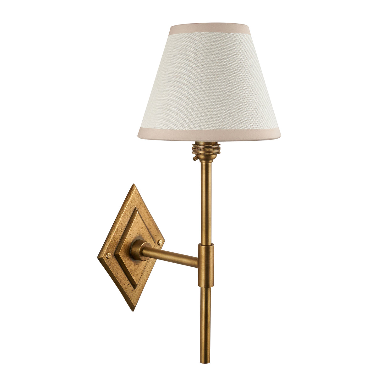 Unlit Endon Diamond Tall wall light on white, antique brass stem and diamond backplate with vintage white shade and almond white taped edge