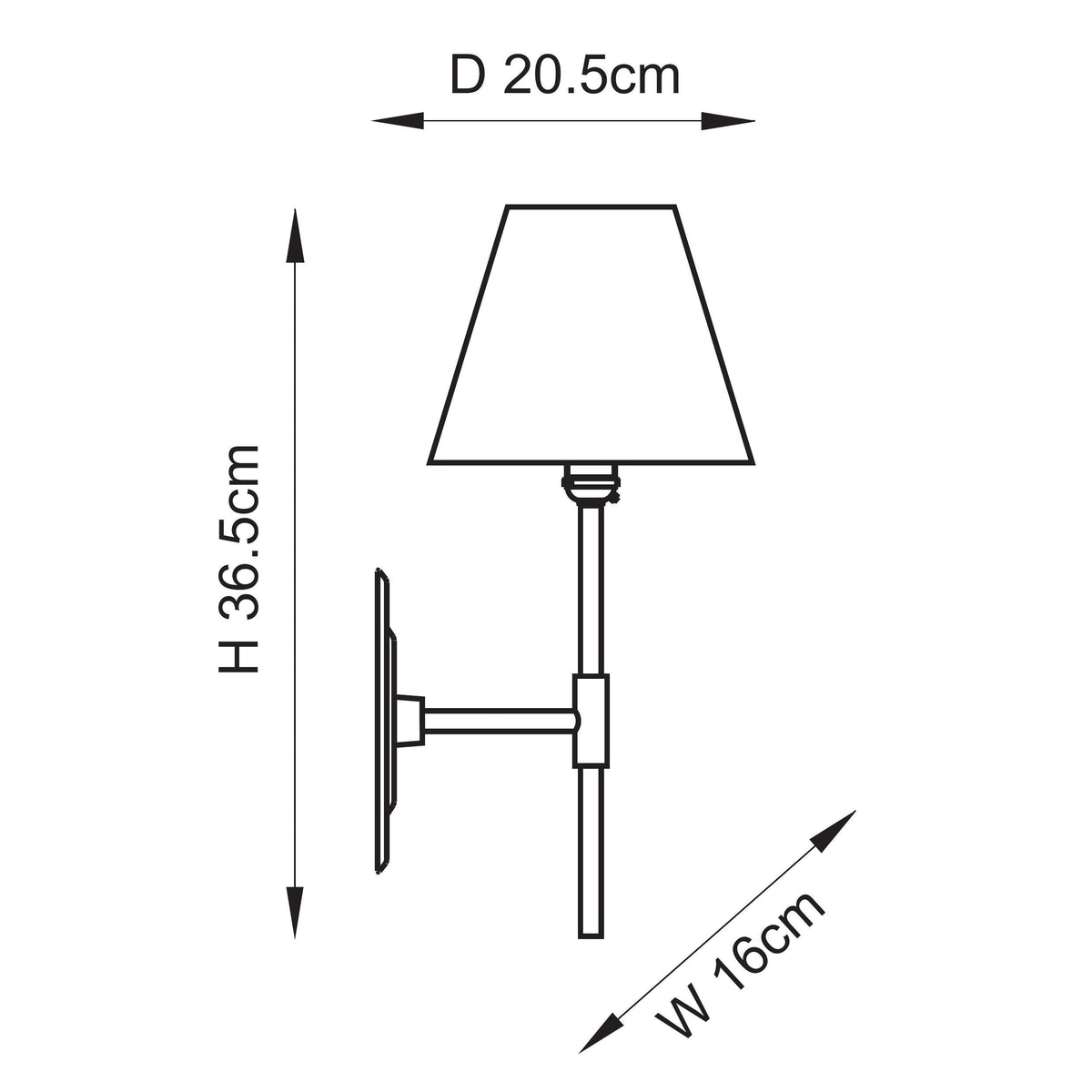 Dimension drawing of the Endon Diamond Tall wall light showing 36.5cm height, 16cm width and 20.5cm projection