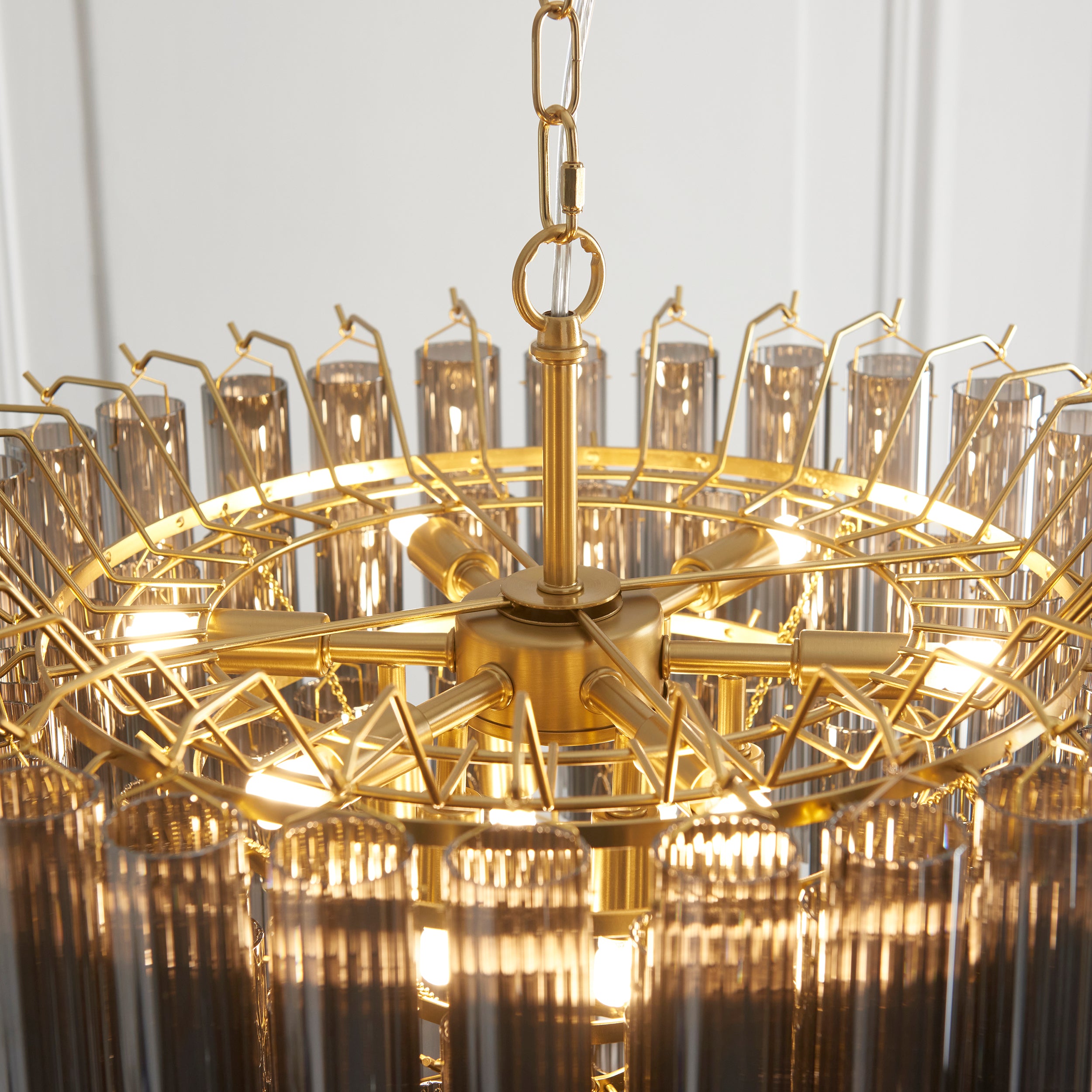 Endon Toulouse 12 Light Pendant - Satin Brass Plate & Smokey Grey Lustre Glass