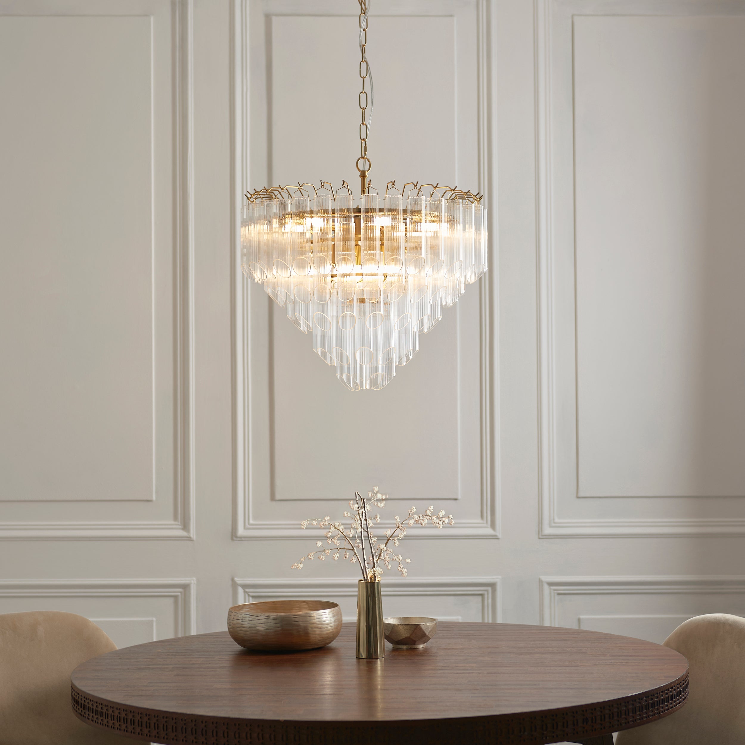 Endon Toulouse 12 Light Pendant - Satin Brass Plate & Clear Ribbed Glass - Angled Edge