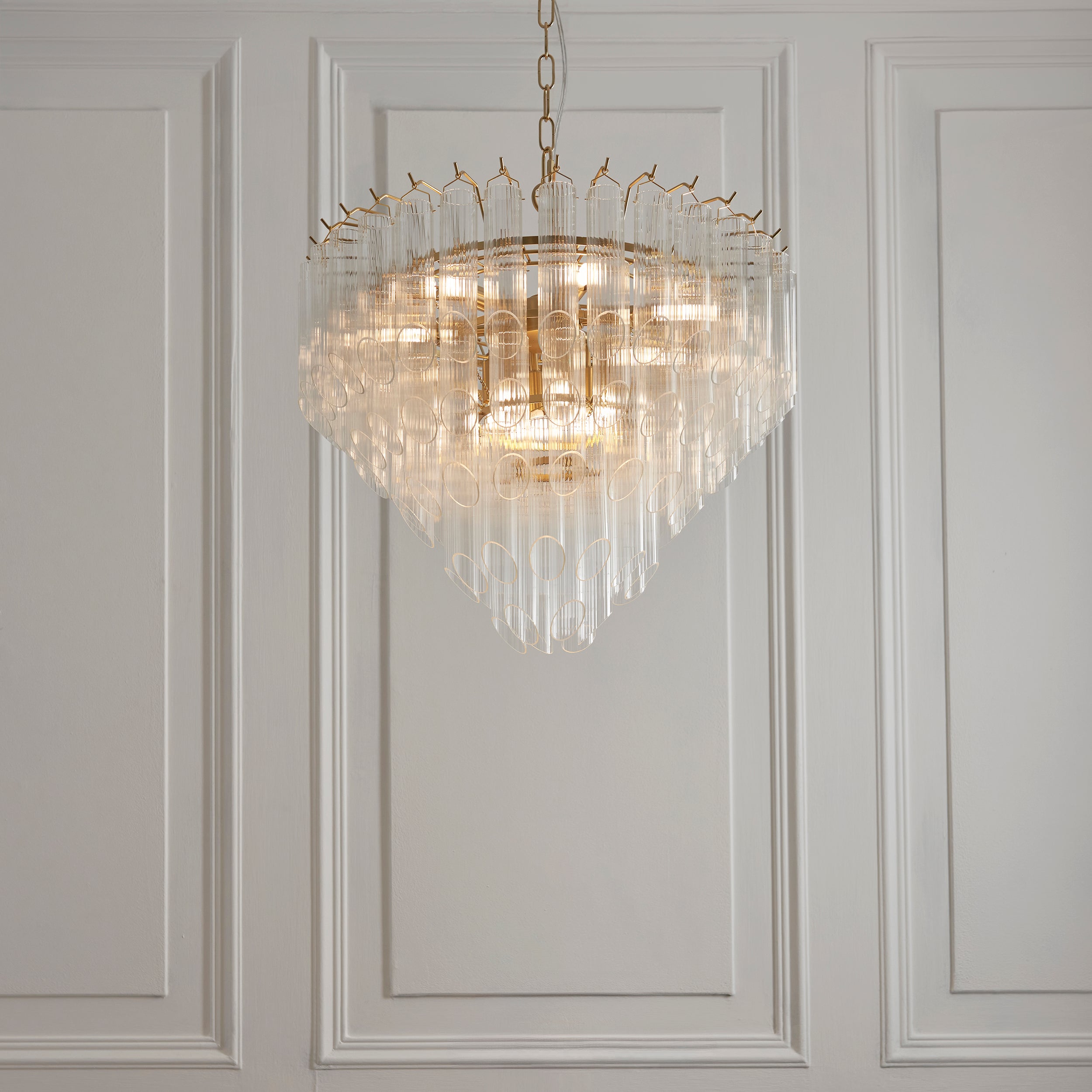 Endon Toulouse 12 Light Pendant - Satin Brass Plate & Clear Ribbed Glass - Angled Edge