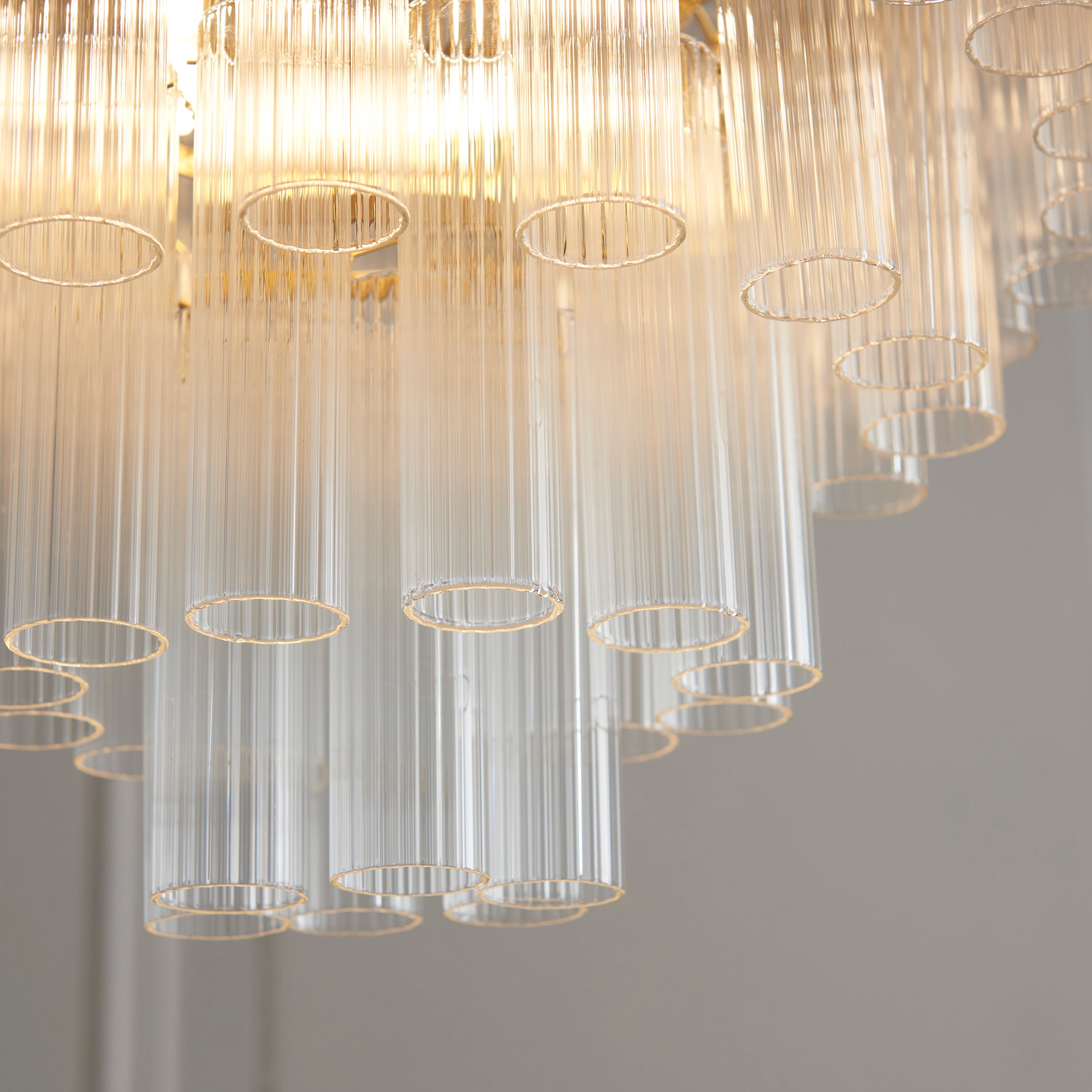 Endon Toulouse 12 Light Pendant - Satin Brass Plate & Clear Ribbed Glass - Flat Edge