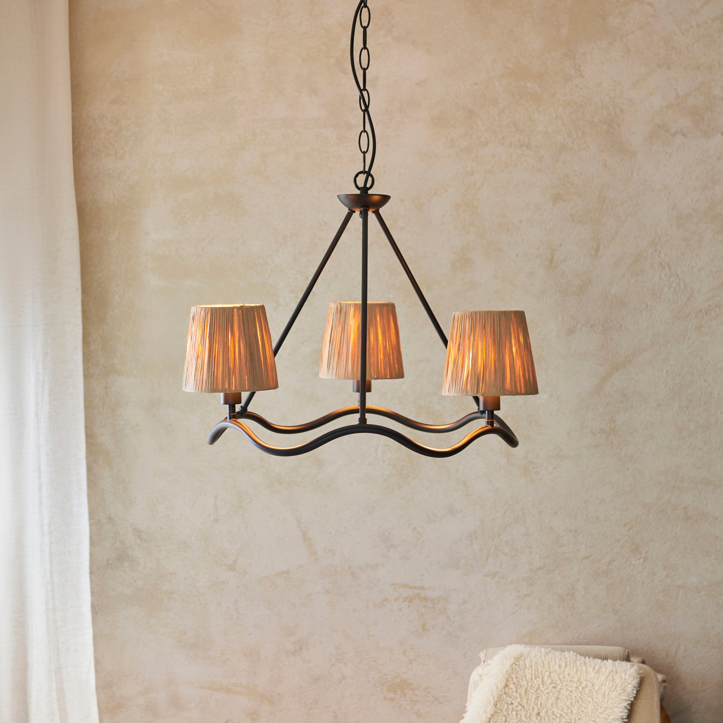 Endon Wriggle 3 Light Pendant - Matt Black & Natural Raffia