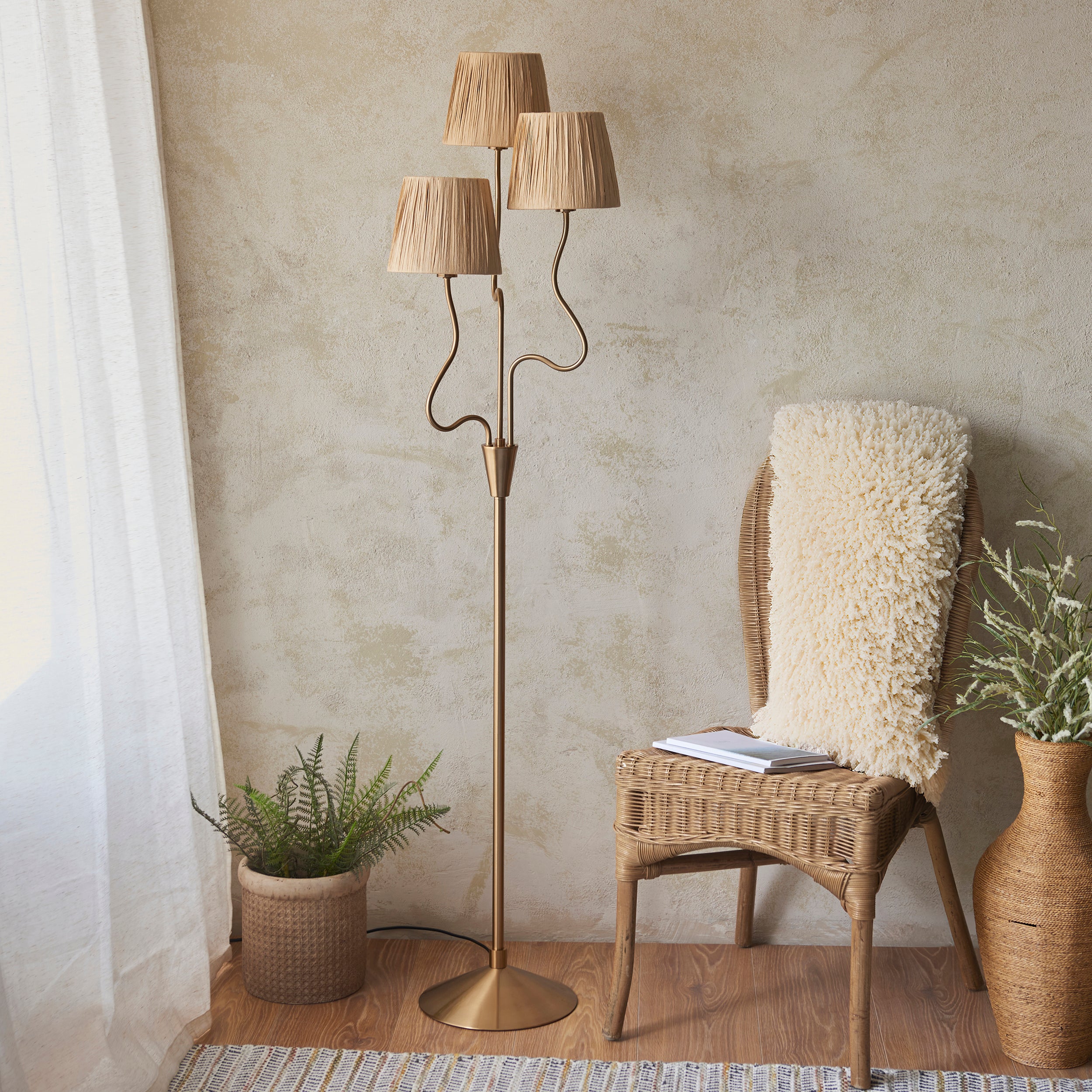 Endon Wriggle 3 Light Floor - Brushed Aged Brass Plate & Natural Raffia