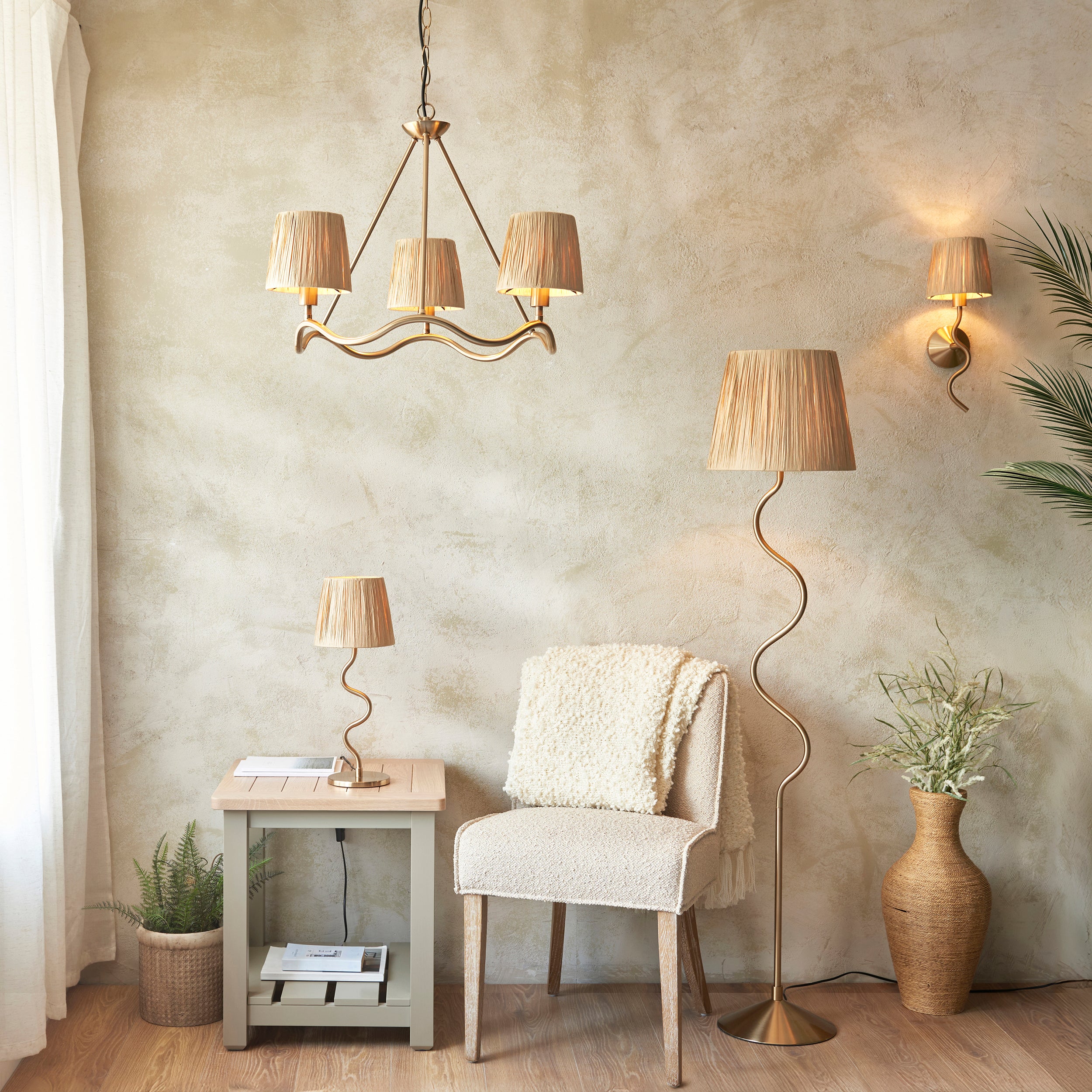 Endon Wriggle 3 Light Floor - Brushed Aged Brass Plate & Natural Raffia