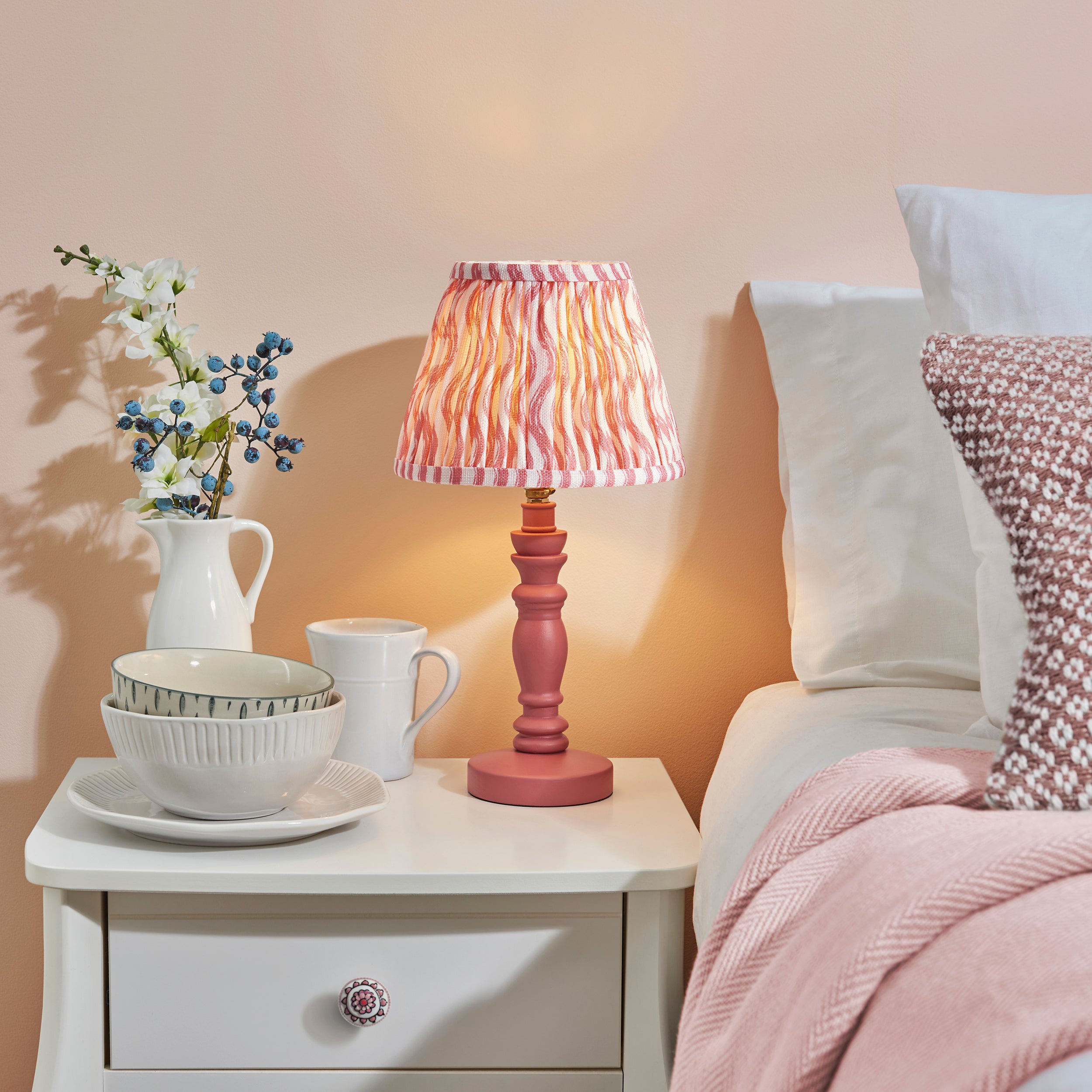 Endon Bibury Satin Pink Clay Table Lamp & Ripple 20cm Coral Pink Shade
