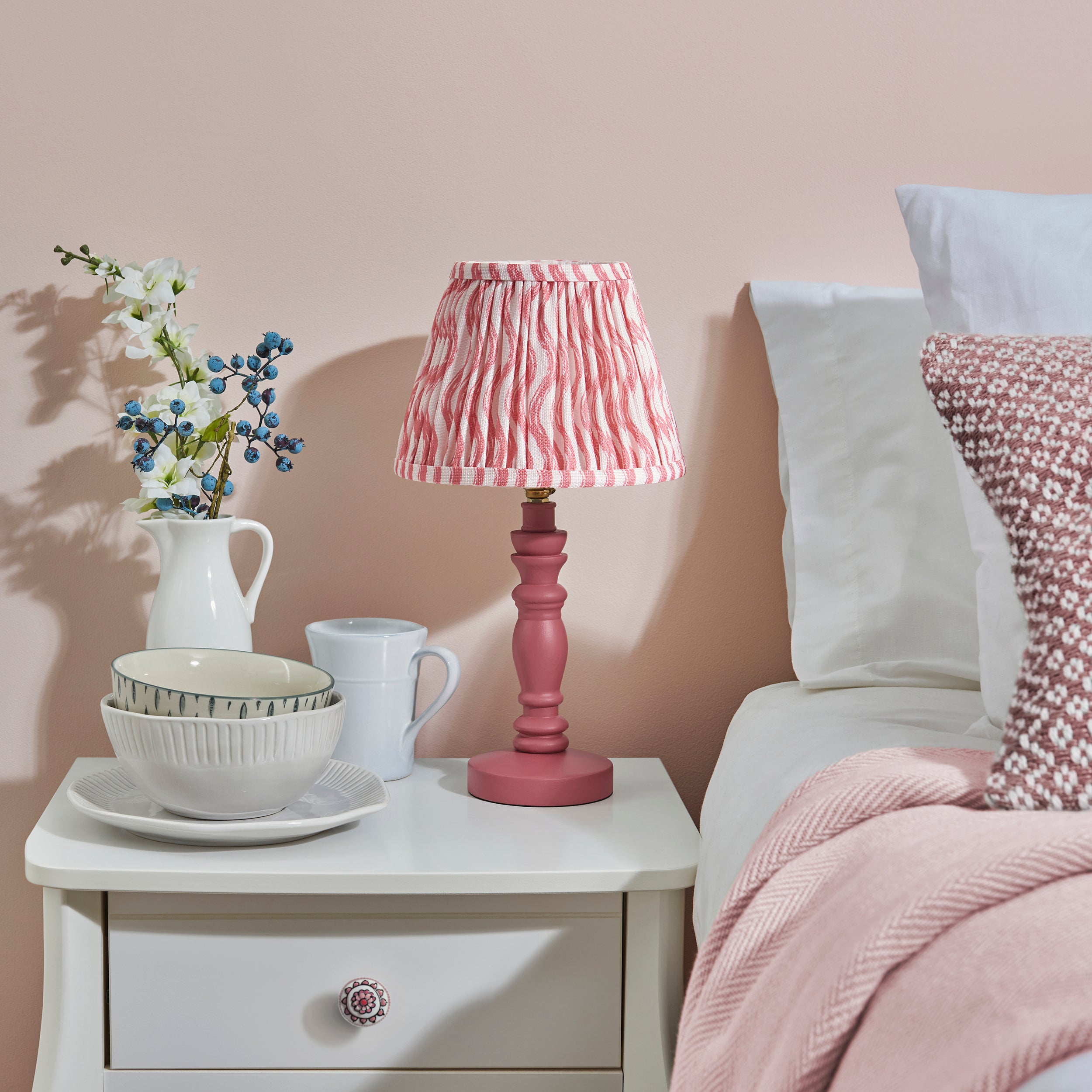Endon Bibury Satin Pink Clay Table Lamp & Ripple 20cm Coral Pink Shade