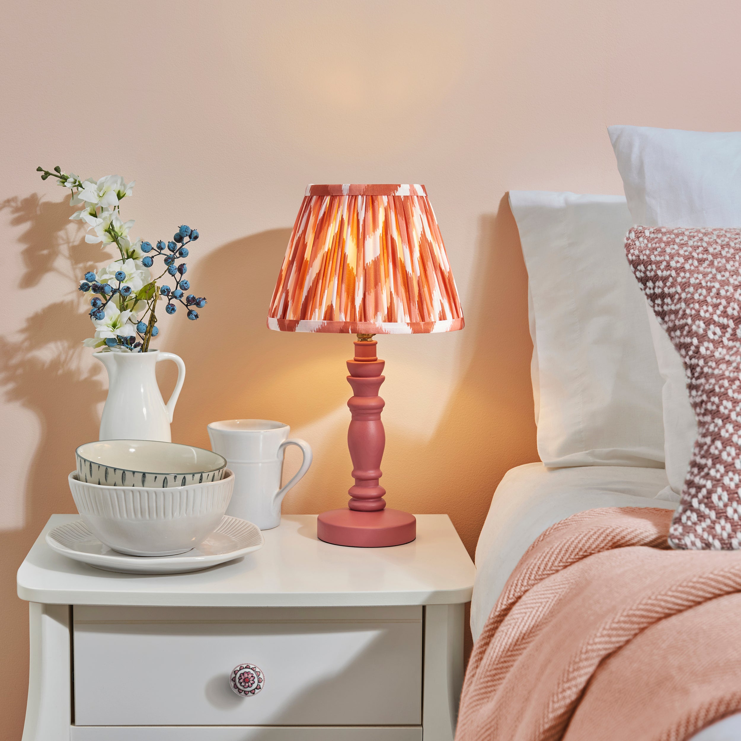 Endon Bibury Satin Pink Clay Table Lamp & Zigzag 20cm Apricot Orange Shade