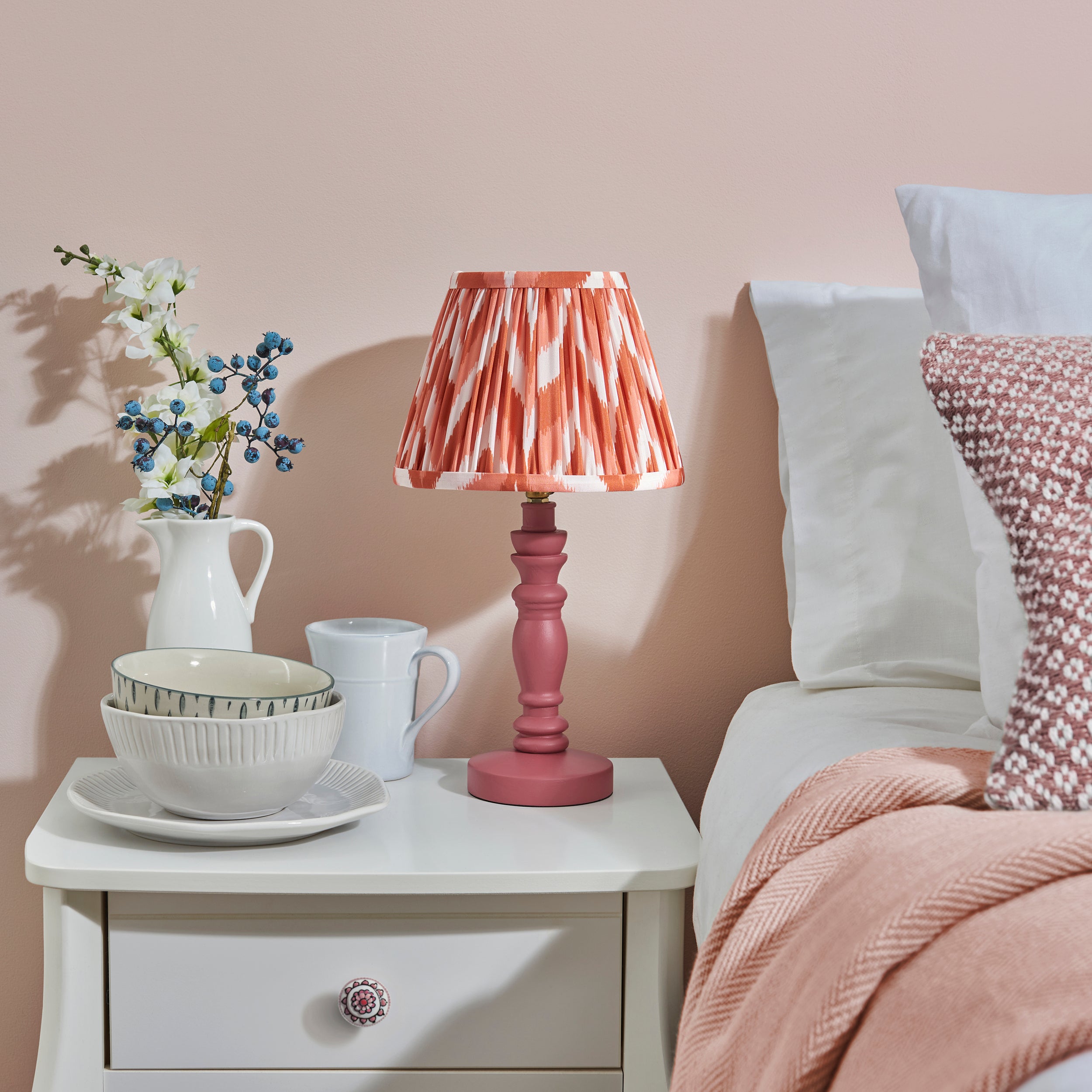 Endon Bibury Satin Pink Clay Table Lamp & Zigzag 20cm Apricot Orange Shade