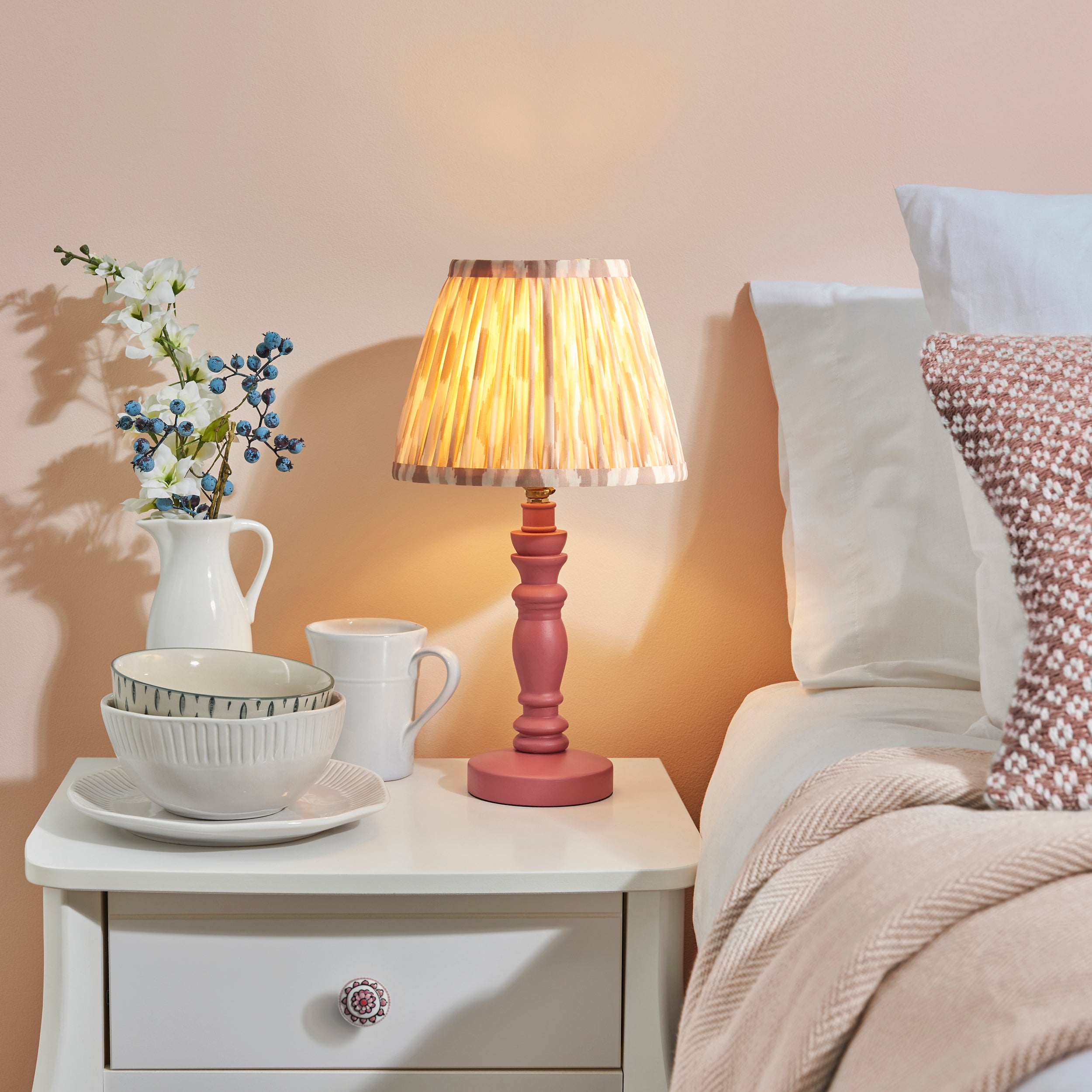 Endon Bibury Satin Pink Clay Table Lamp & Ikat 20cm Neutral Shade