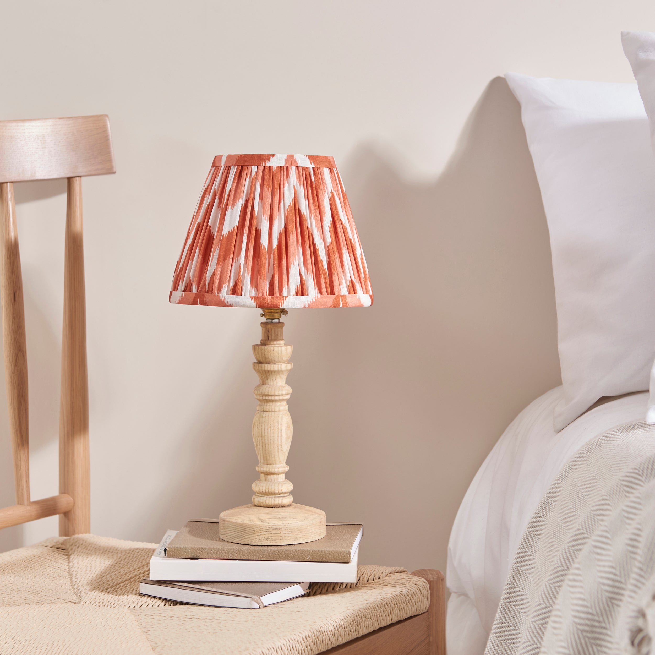 Endon Bibury Natural Ash Wood Table Lamp & Zigzag 20cm Apricot Orange Shade