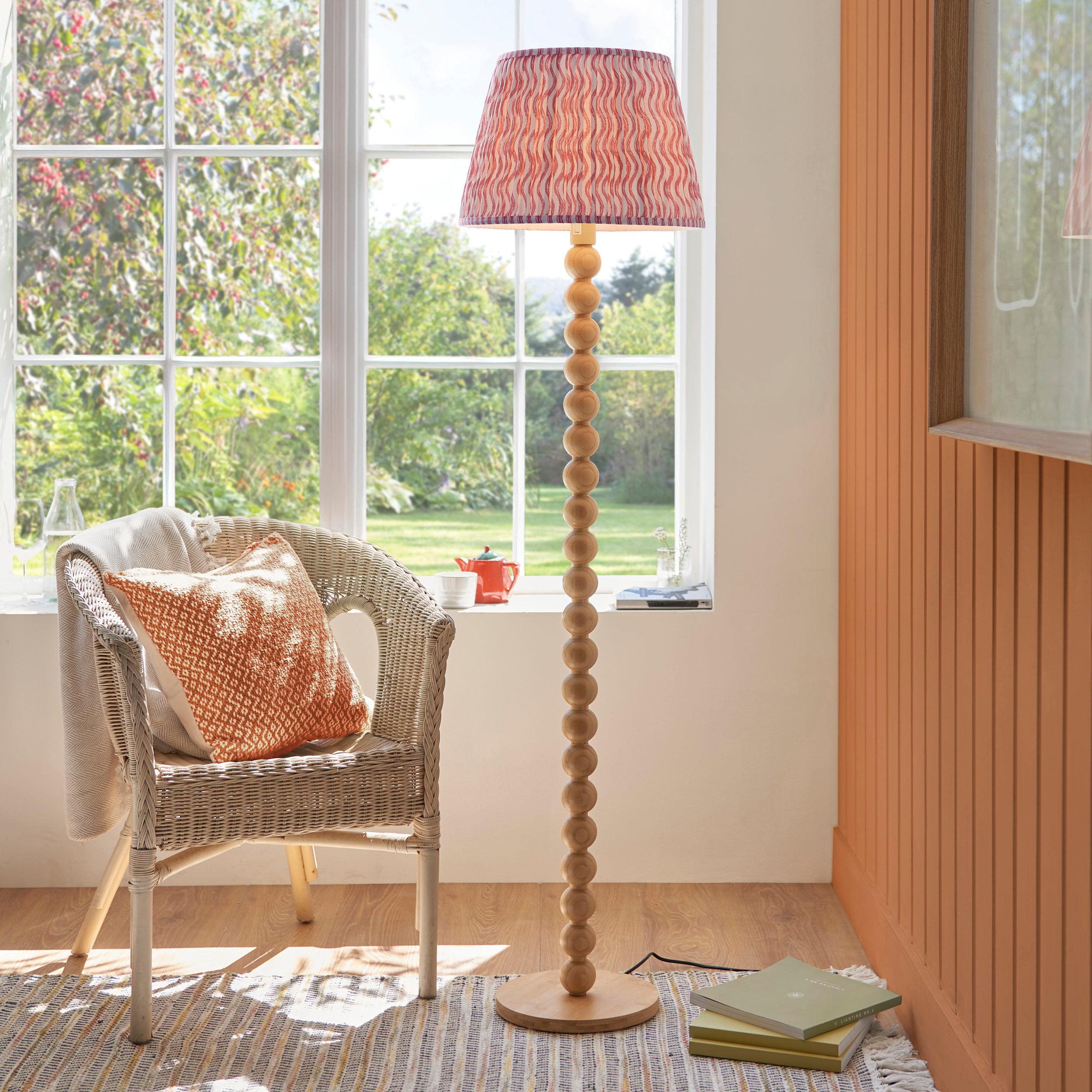 Endon Cane Floor Lamp & Ripple 40cm Coral Pink Shade