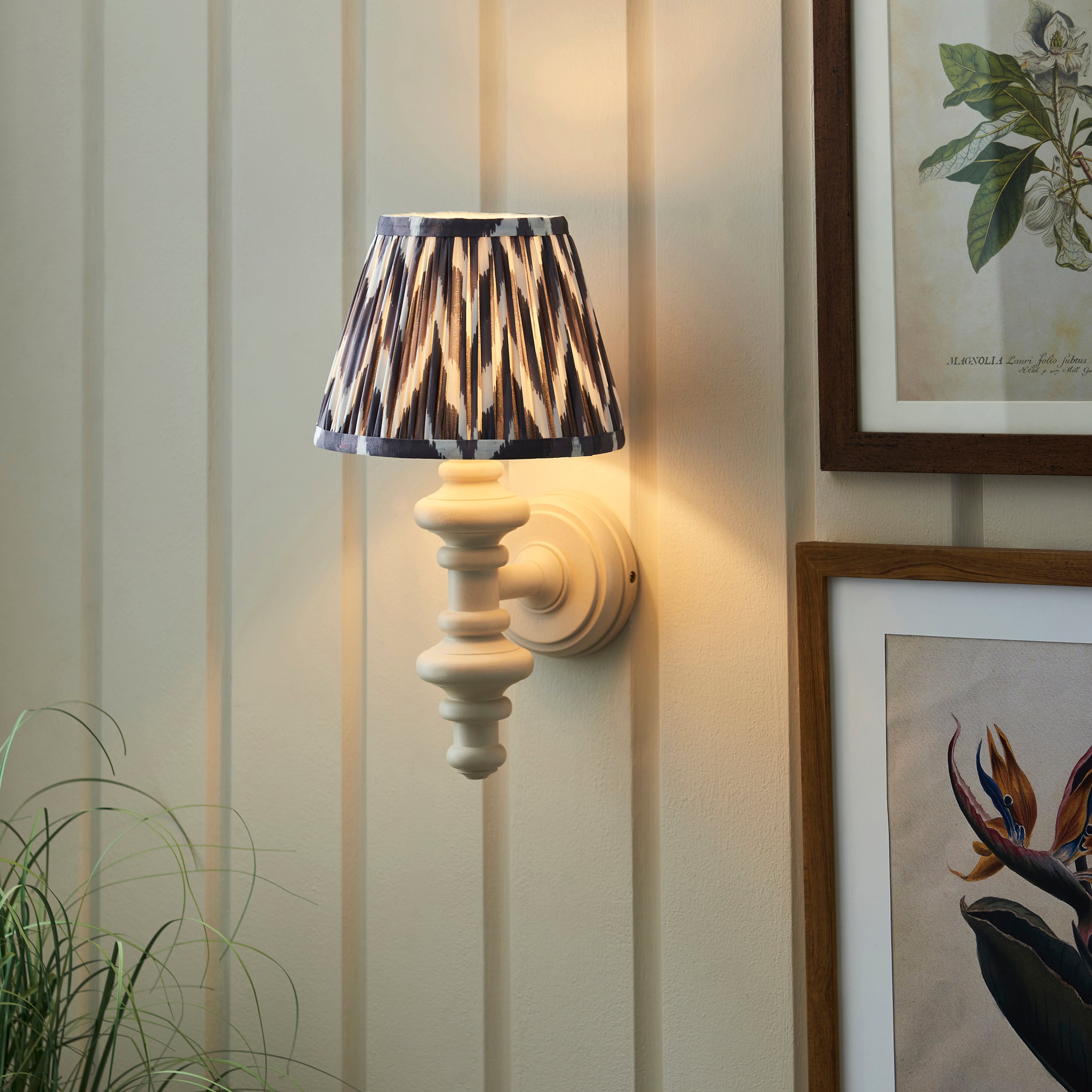 Endon Carnaby Satin Almond White Wall Light & Zigzag 20cm Pearl Grey Shade