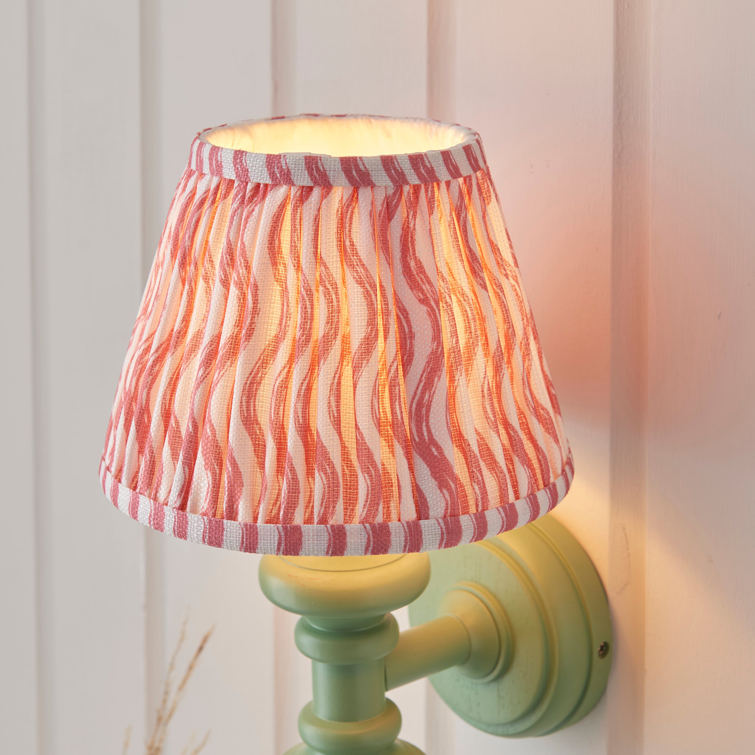 Endon Carnaby Satin Cotswold Green Wall Light & Ripple 20cm Coral Pink Shade