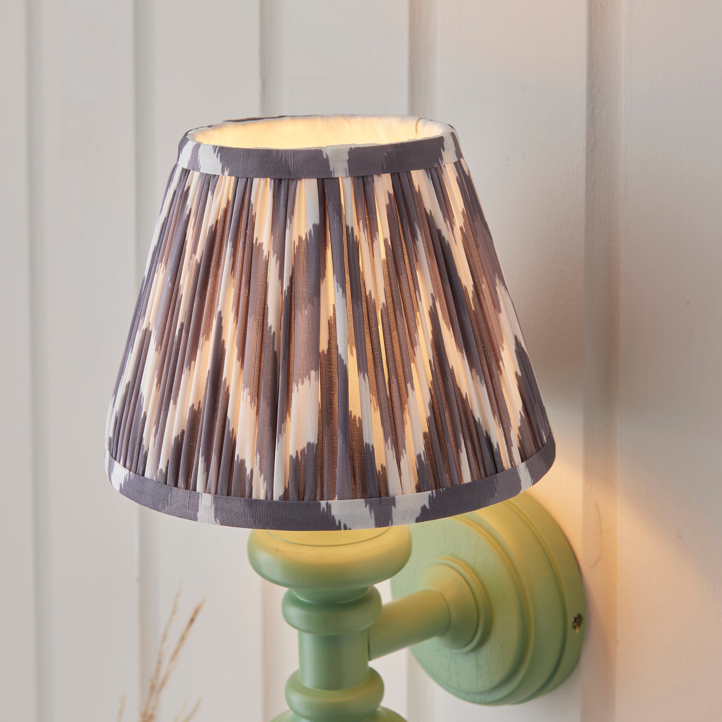 Endon Carnaby Satin Cotswold Green Wall Light & Ikat 20cm Pearl Grey Shade