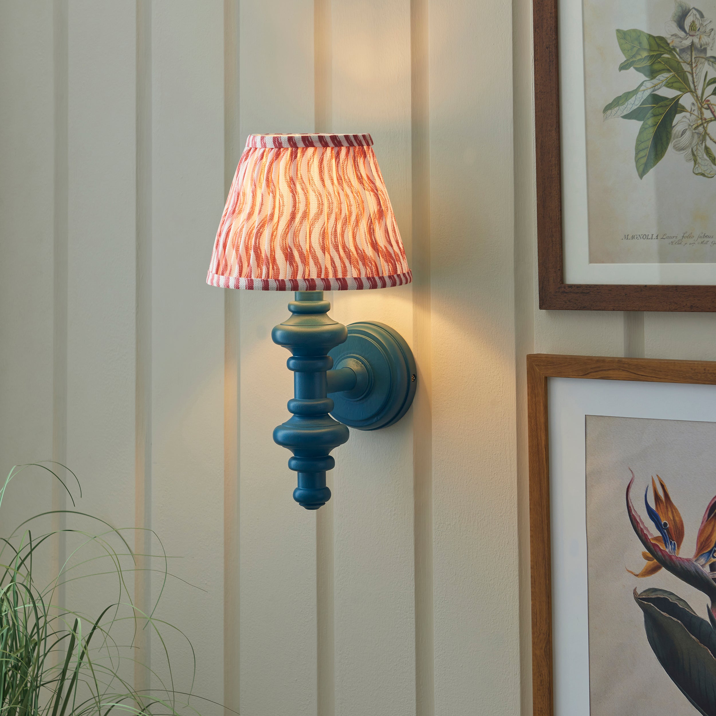 Endon Carnaby Satin Marlin Blue Wall Light & Ripple 20cm Coral Pink Shade