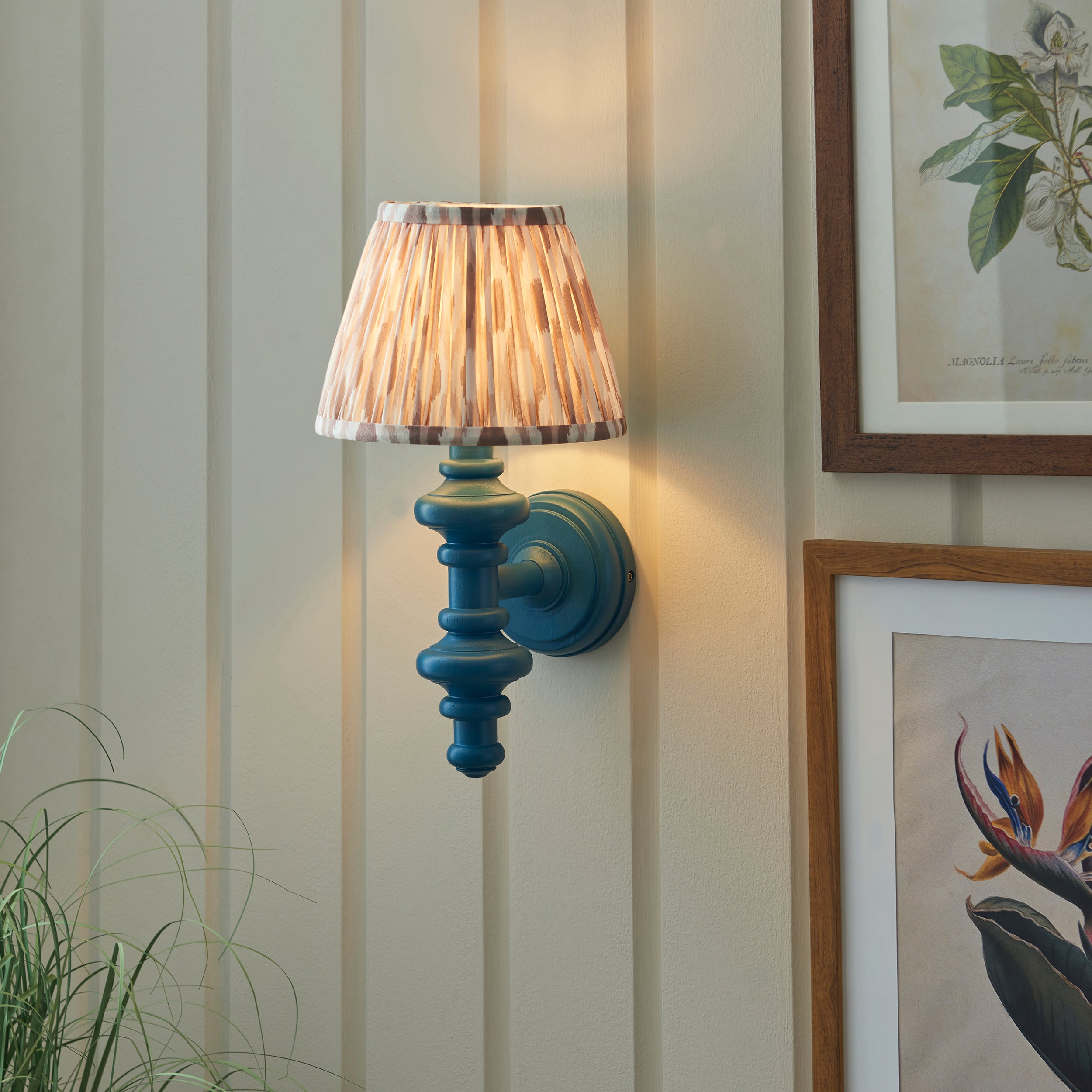 Endon Carnaby Satin Marlin Blue Wall Light & Ikat 20cm Neutral Shade