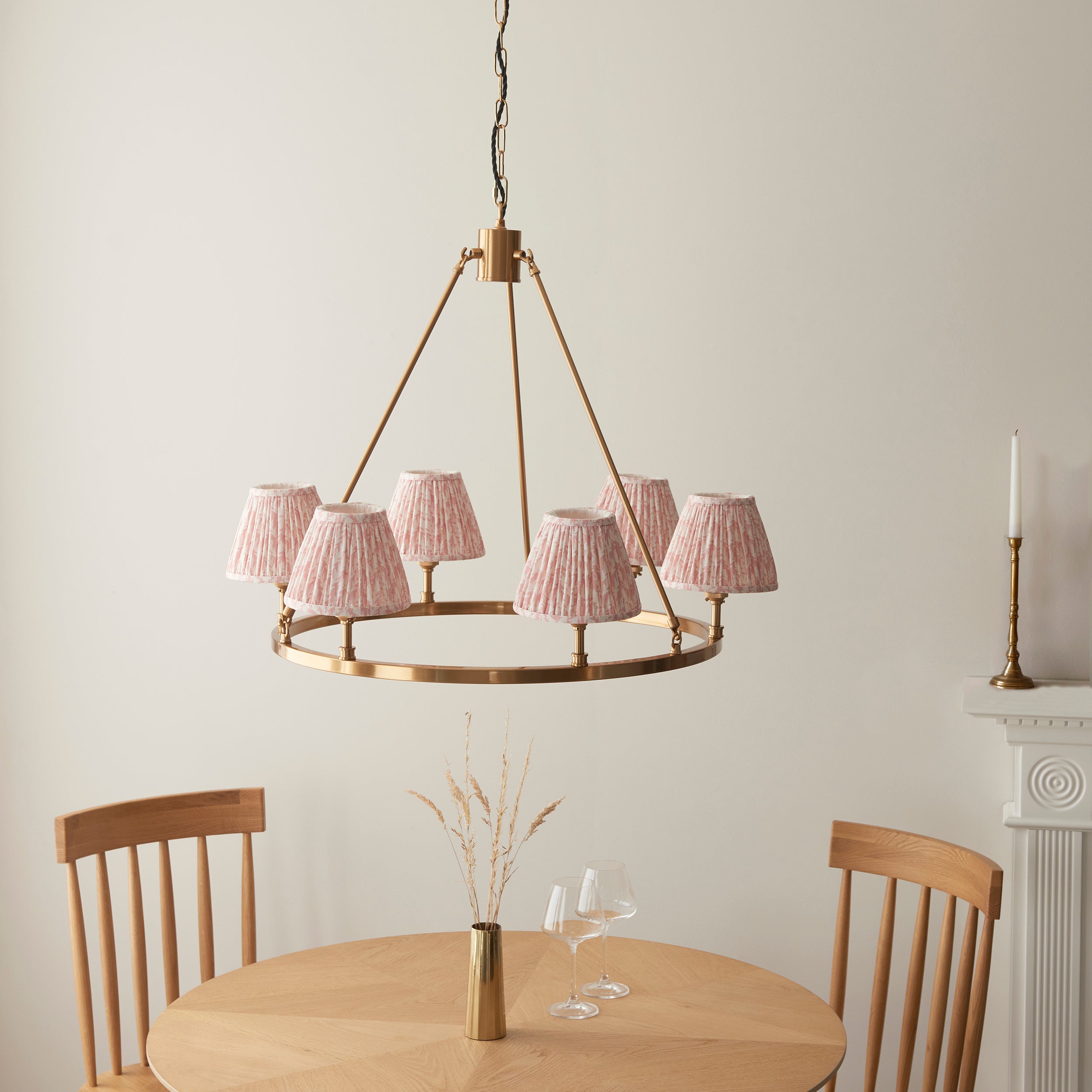 Endon Chester Aged Brass Plate 6 Light Pendant & Leaf 16cm Peachy Keen Shade