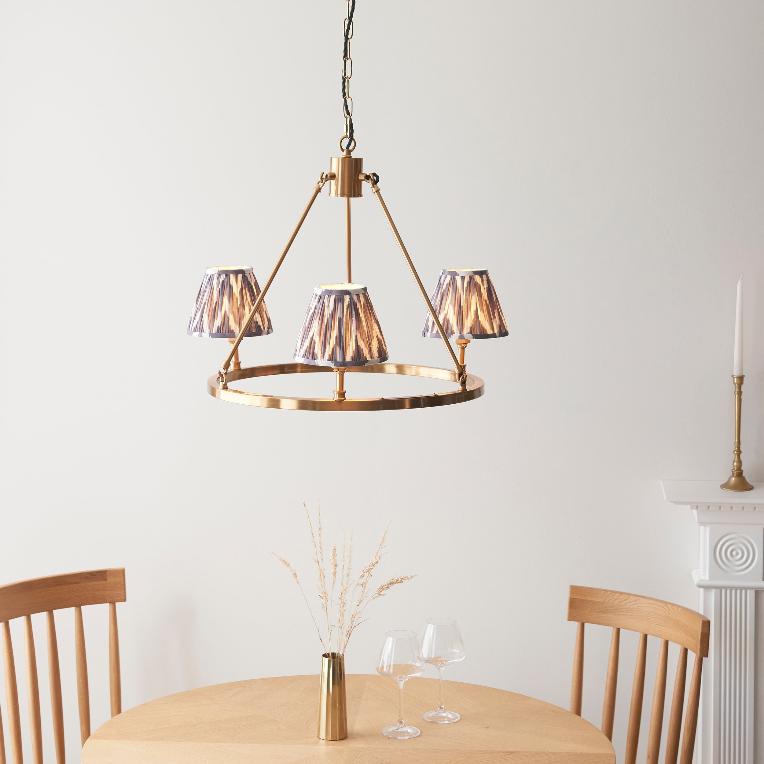 Endon Chester Aged Brass Plate 3 Light Pendant & Zigzag 16cm Pearl Grey Shade