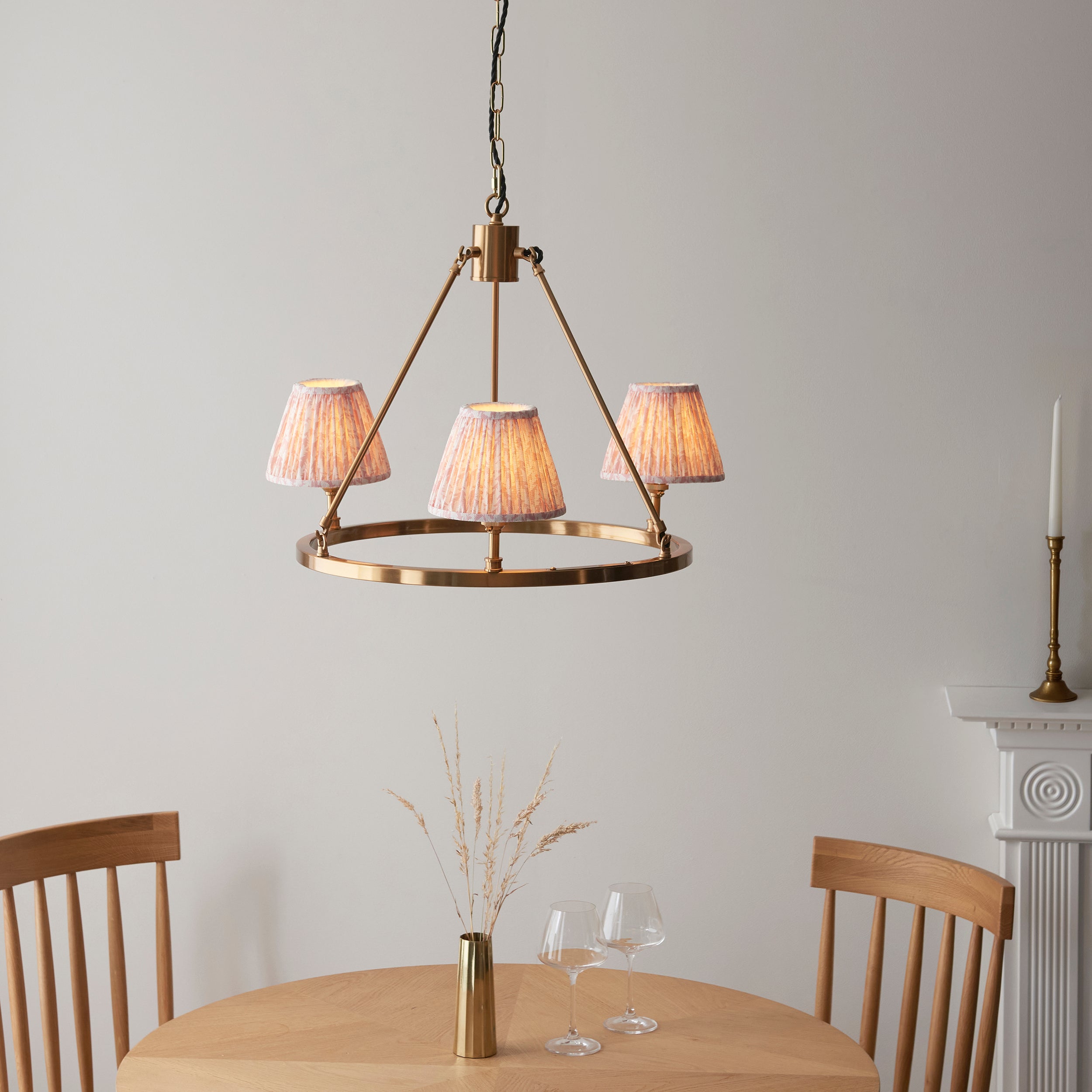 Endon Chester Aged Brass Plate 3 Light Pendant & Leaf 16cm Peachy Keen Shade