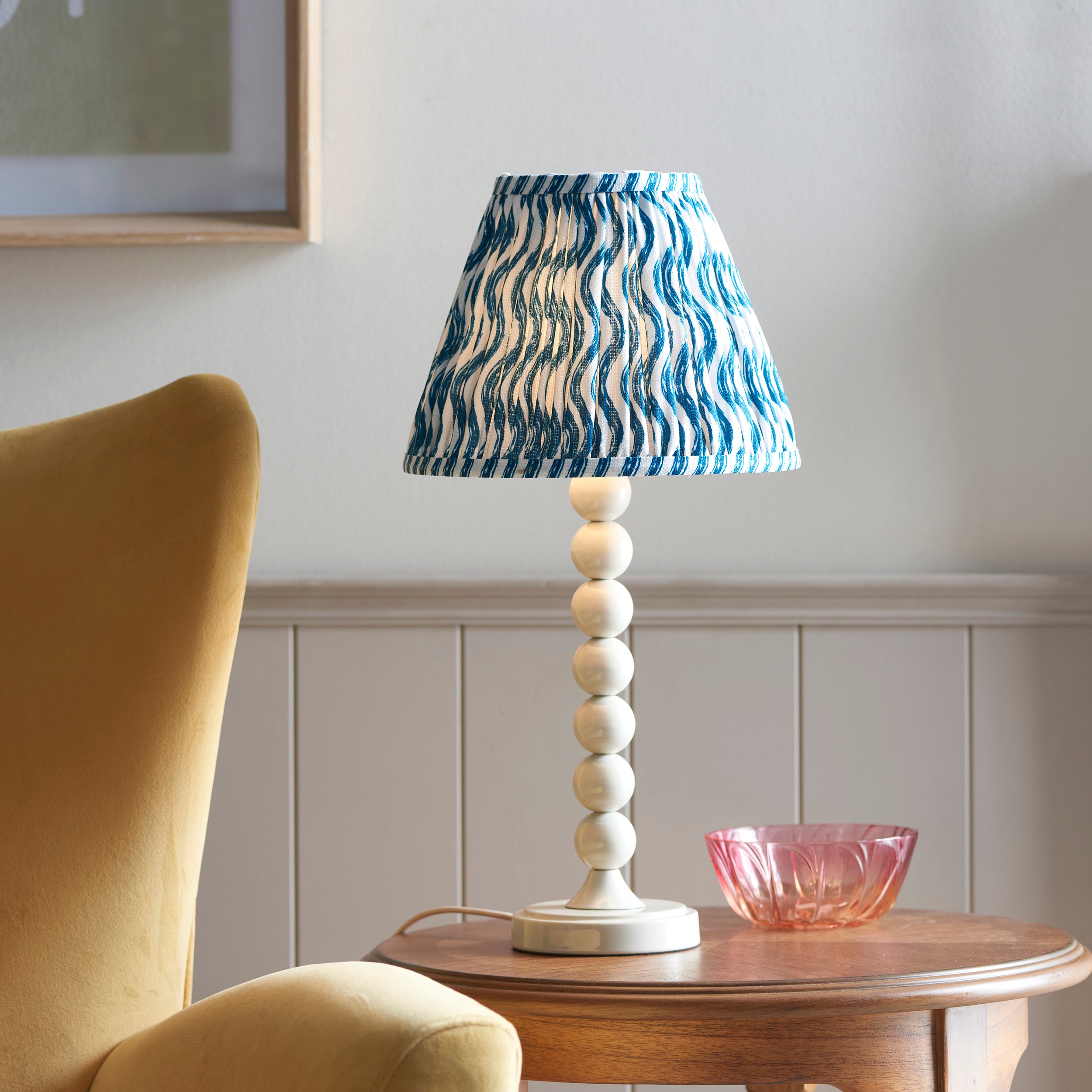 Endon Higgledy Gloss Almond White Table Lamp & Ripple 25cm Marlin Blue Shade