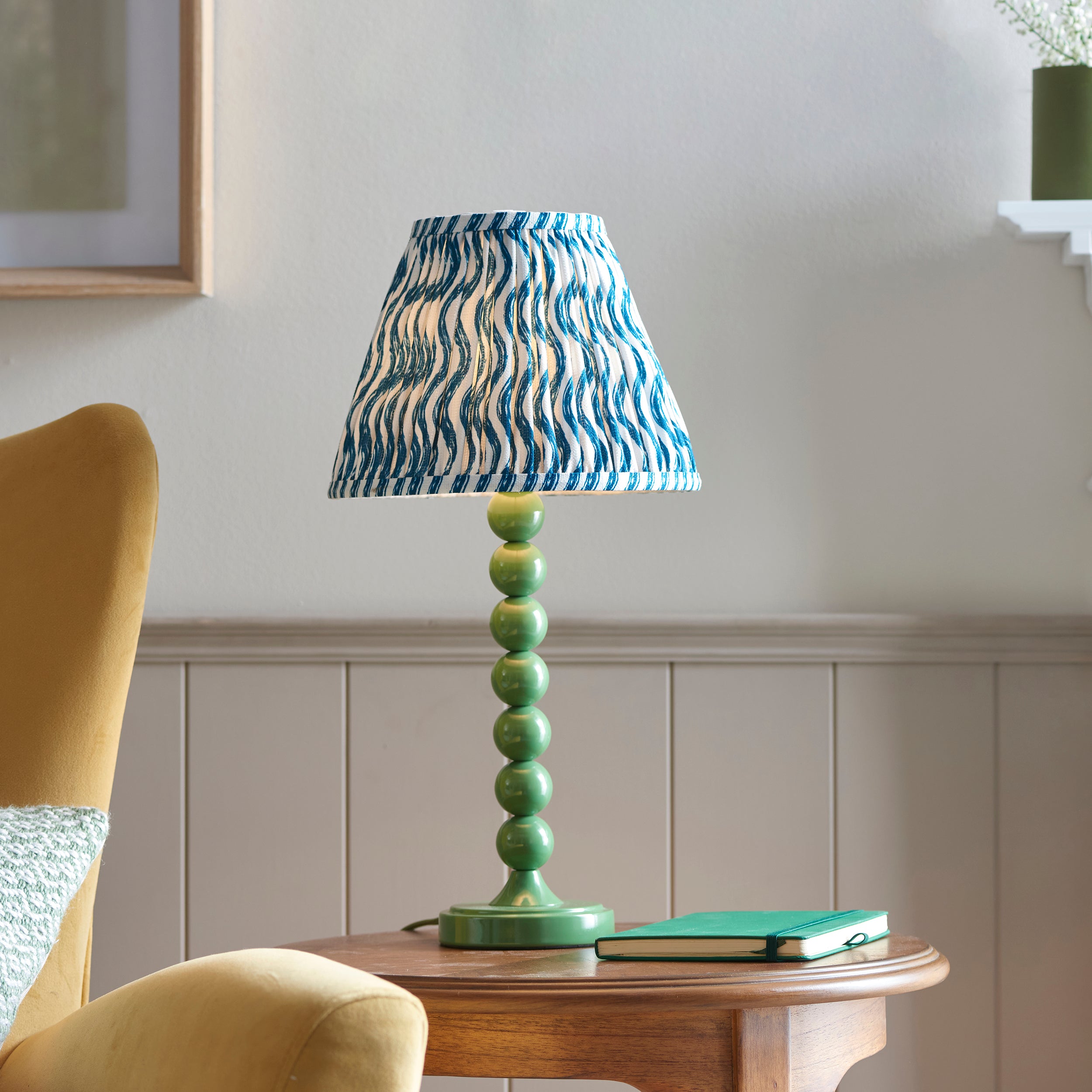 Endon Higgledy Gloss Cotswold Green Table Lamp & Ripple 25cm Marlin Blue Shade