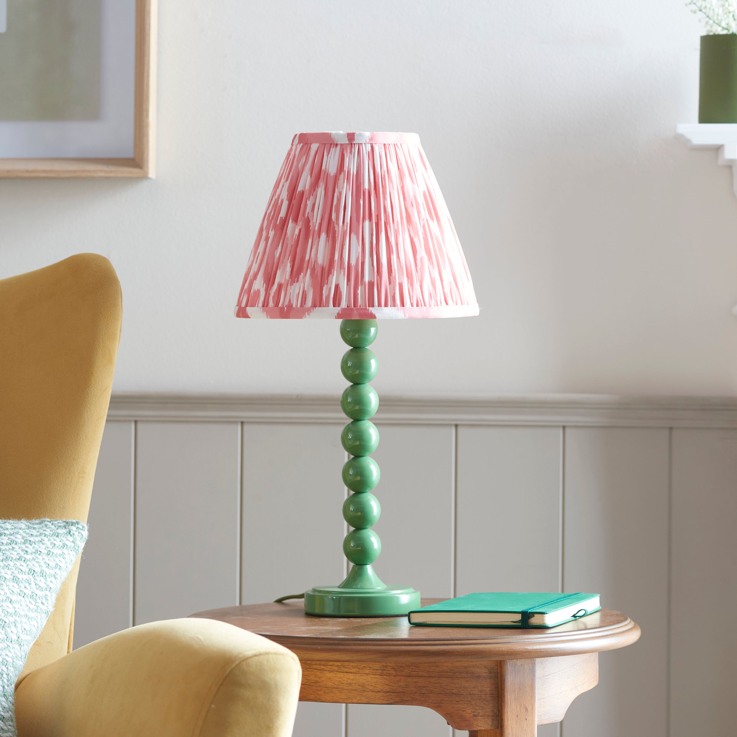 Endon Higgledy Gloss Cotswold Green Table Lamp & Ikat 25cm Coral Pink Shade